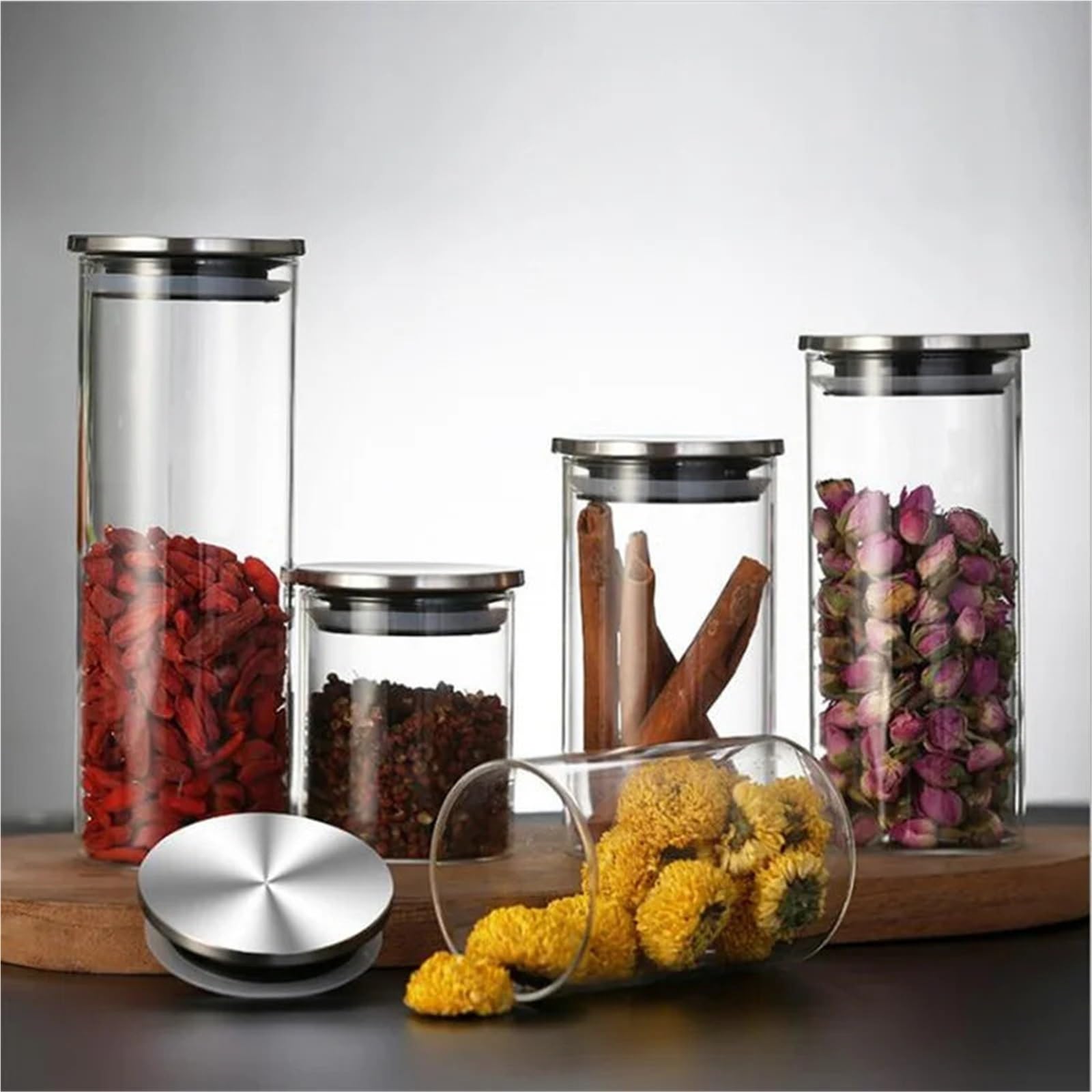Vorratsglas FüR TrockenfrüChte 2 stücke Glas Kanister Edelstahl Abdeckung Gewürz Gläser Lagerung Tank Kaffee Bean Getrocknete Obst Lebensmittel Behälter Küche Zubehör FüR Kaffee Und Tee(65x100mm)