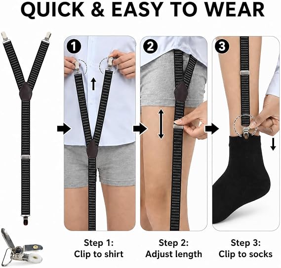 Mens Shirt Stays Adjustable Elastic with Non-Slip Clips | Keep dress shirts perfectly tucked all day. Military-grade garter straps with durable metal clips. Fit most guys.