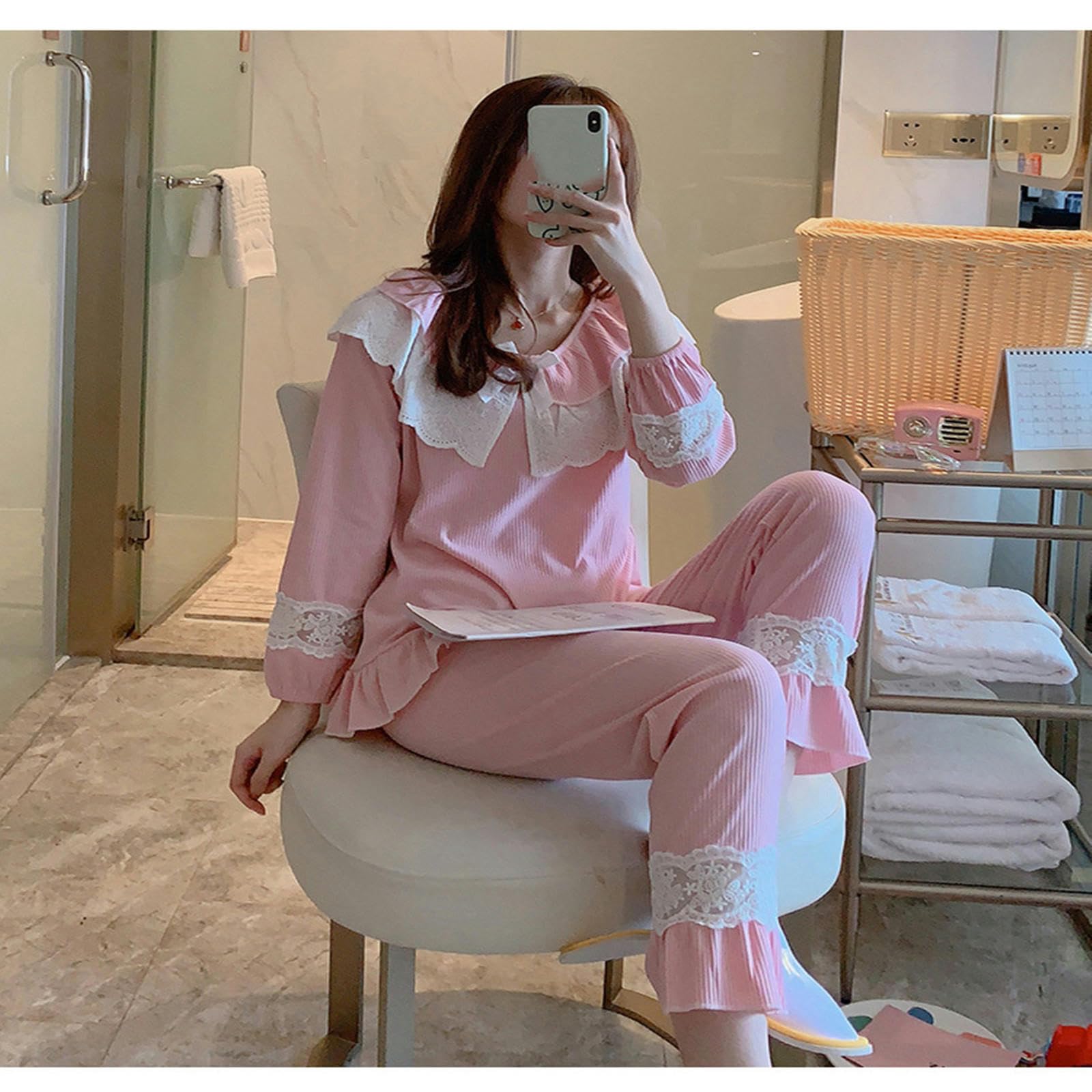 Pigiami da Donna Le Maniche Lunghe per Pigiami da Donna di Primavera E Autunno di Cotone Sono Sottili Vestiti per La Casa in Pizzo in Pizzo in Pizzo da Donna in Pizzo-d-XL