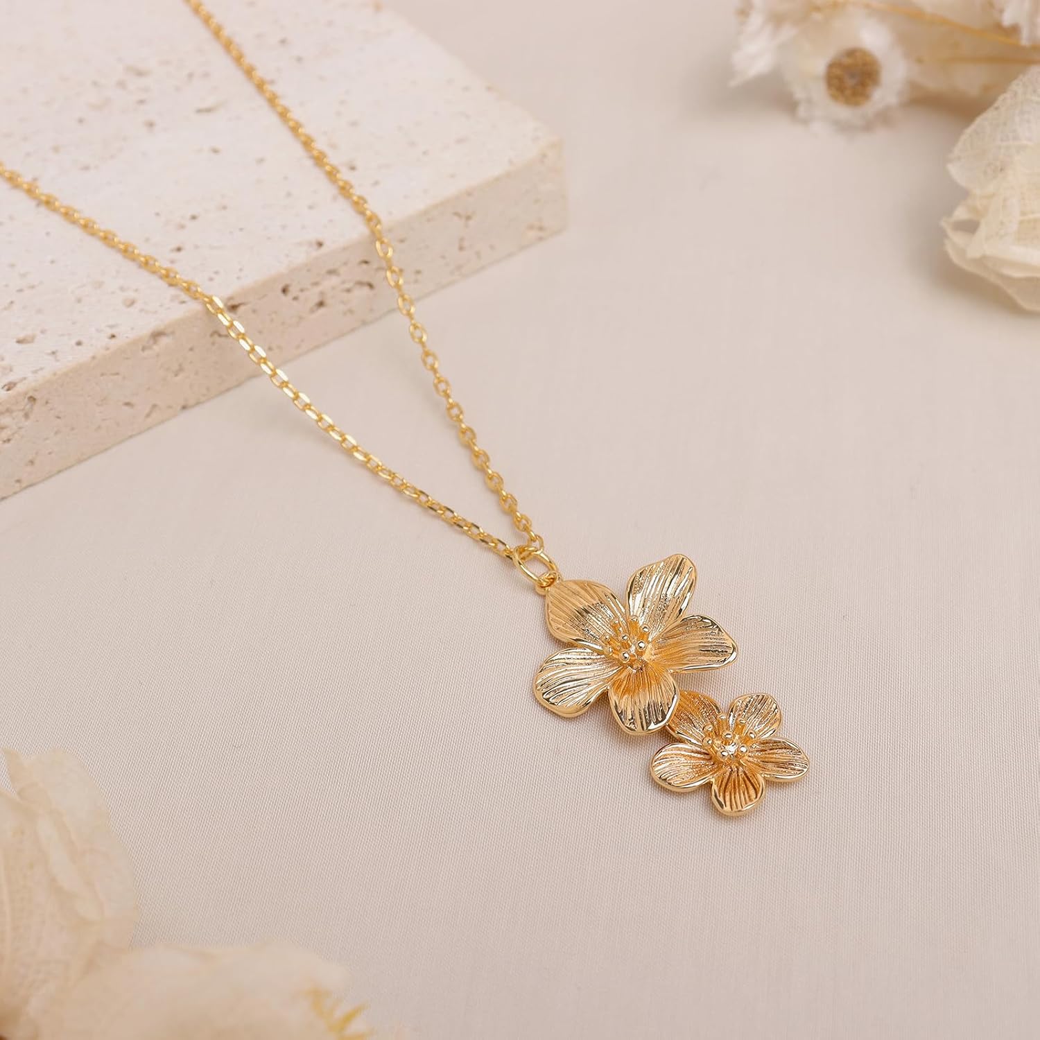 Jean Beau Gold Flower Pendant Necklaces for Women, Statement Pearl Floral Dangle Choker Prom Spring Fashion Jewelry Gift - Image 5