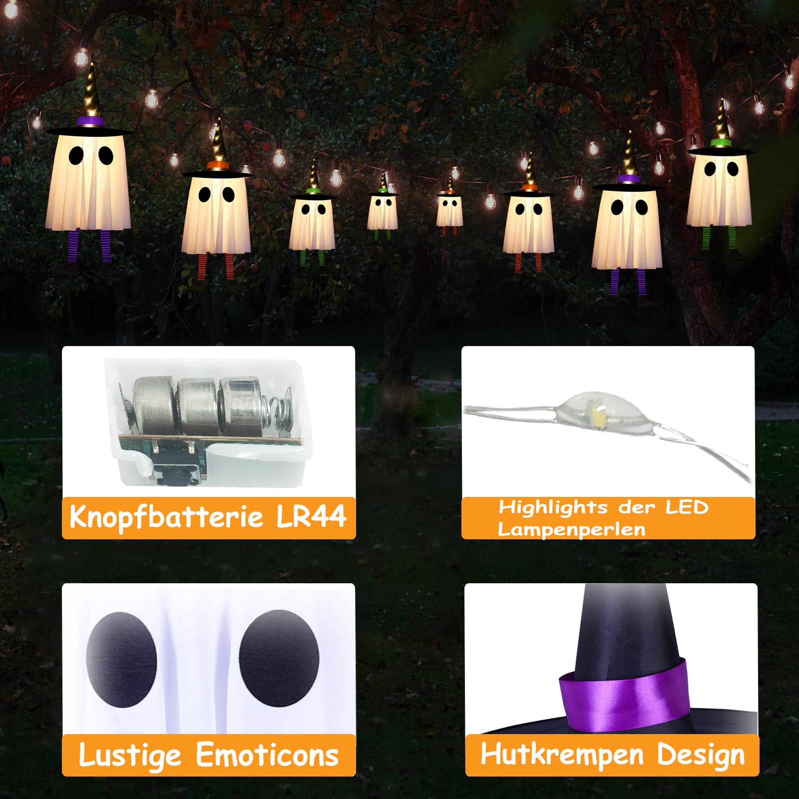 Halloween Geister Deko Outdoor - 3 LED Geisterlichter Mit Hexenhut 60cm