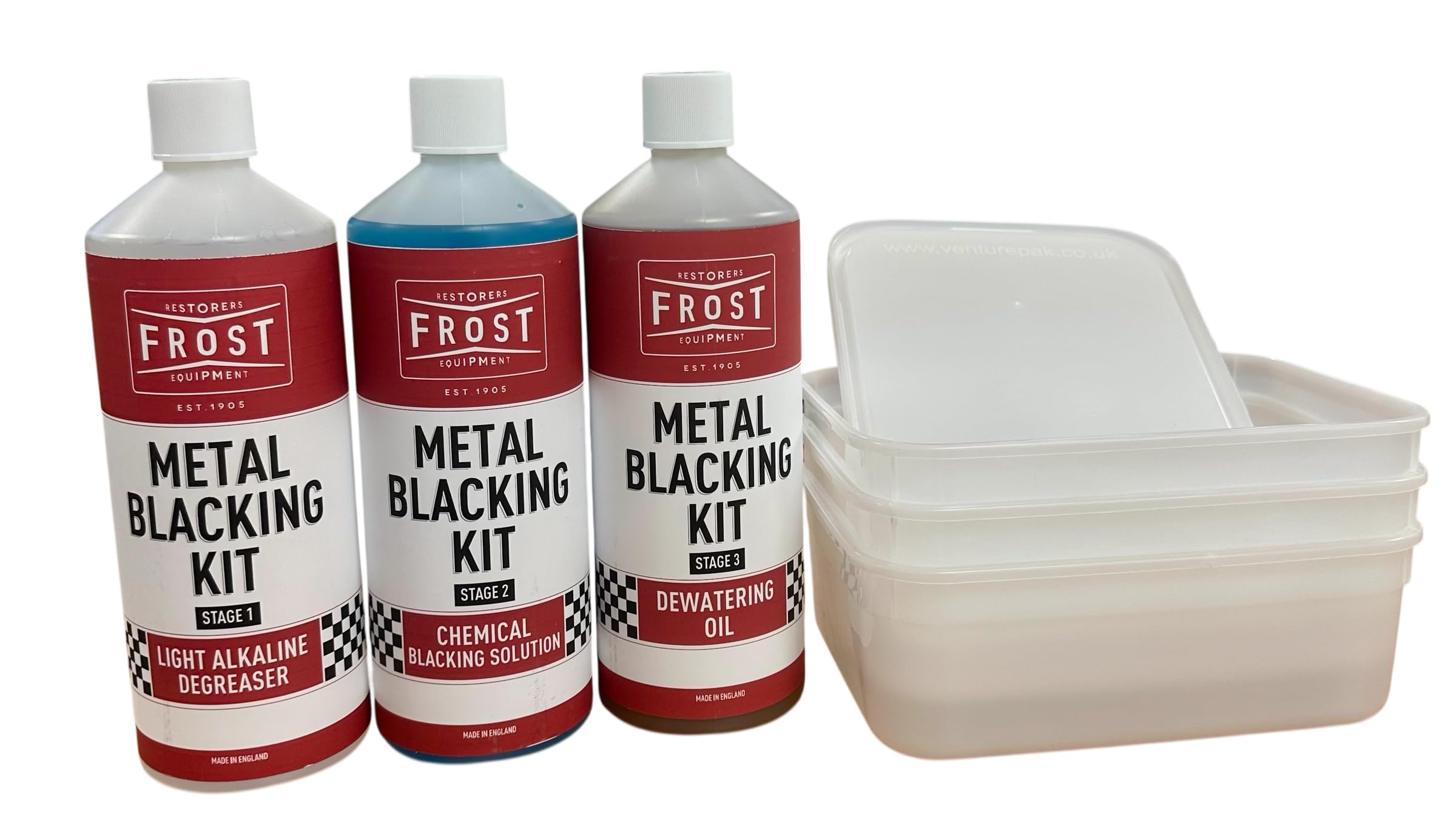 FROST Metal Blacking Kit – 3-Step Satin Black Coating System with Storage Containers, 1 Litre Each | Professional Cold Chemical Black Finish for Steel Parts, Tools & Components