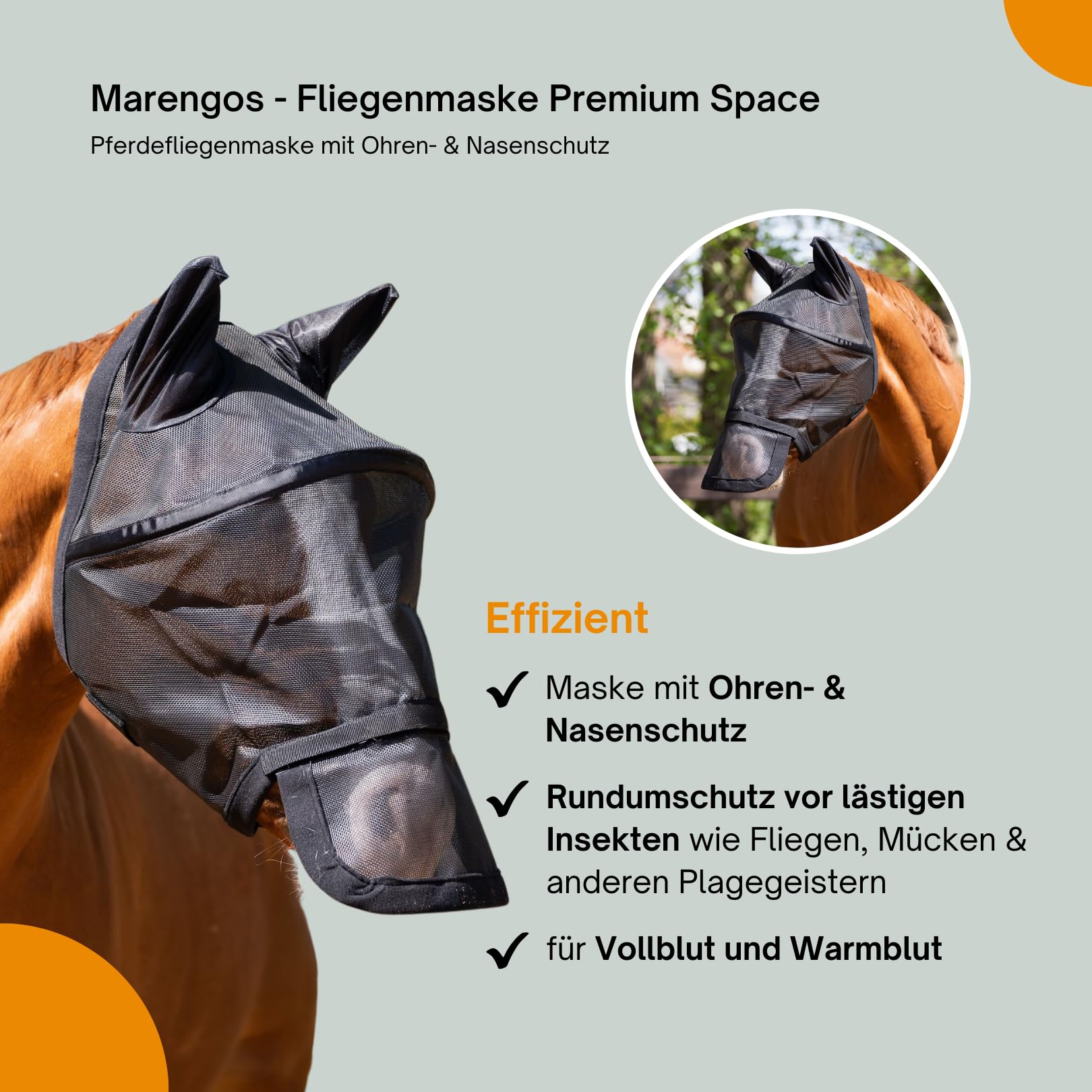 Marengos - Fliegenmaske mit Ohren- & Nasenschutz Premium Space | Pferdefliegenmaske in Schwarz | mit Elastikeinsätzen & Klettverschluss | extra Freiraum für die Augen | Pferde Zubehör Vollblut