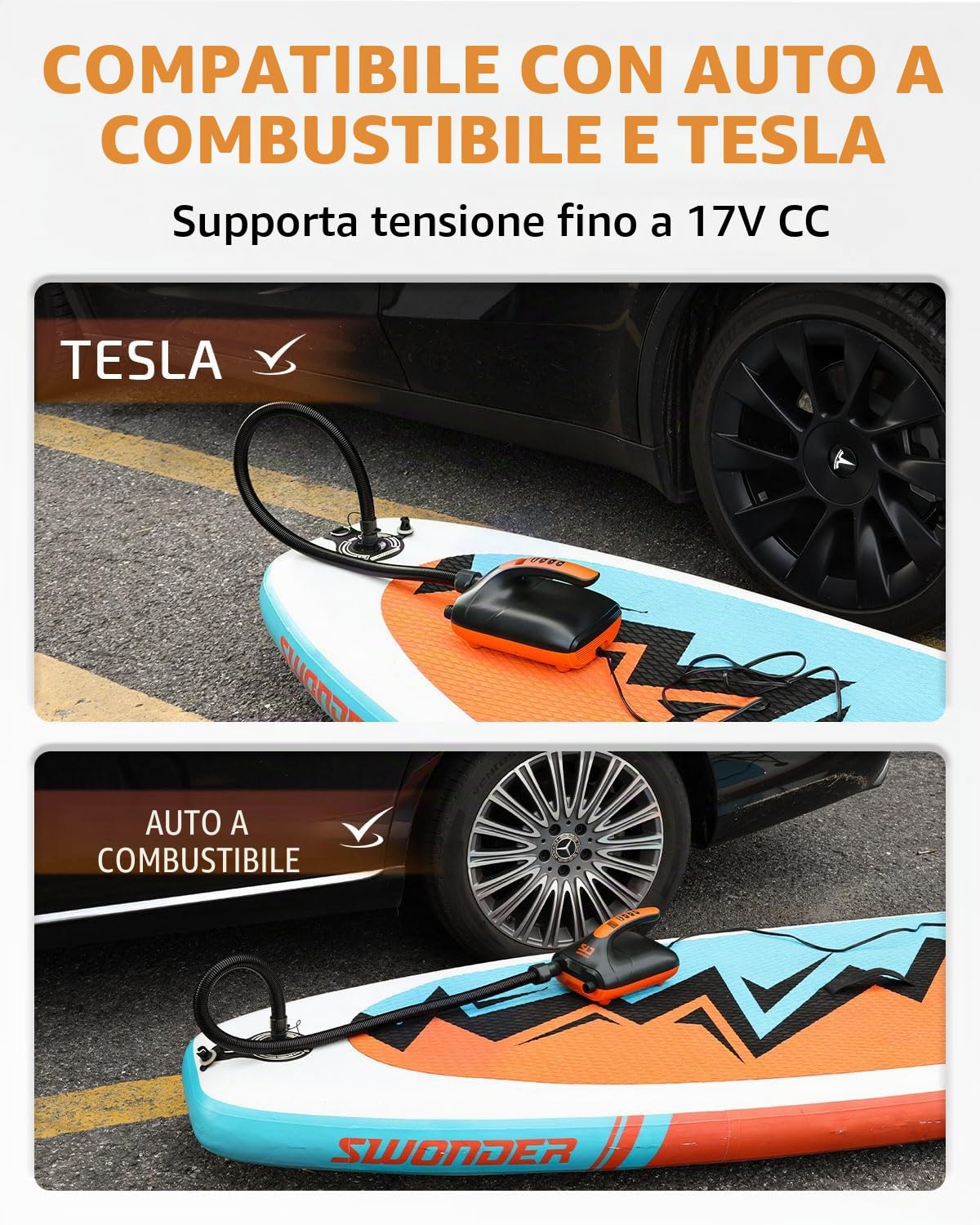Swonder SUP Pompa elettrica 20PSI ad alta pressione pompa ad aria elettrica con inflazione intelligente a due stadi, supporta 3 SUP in fila, buona per paddle board barche kayak