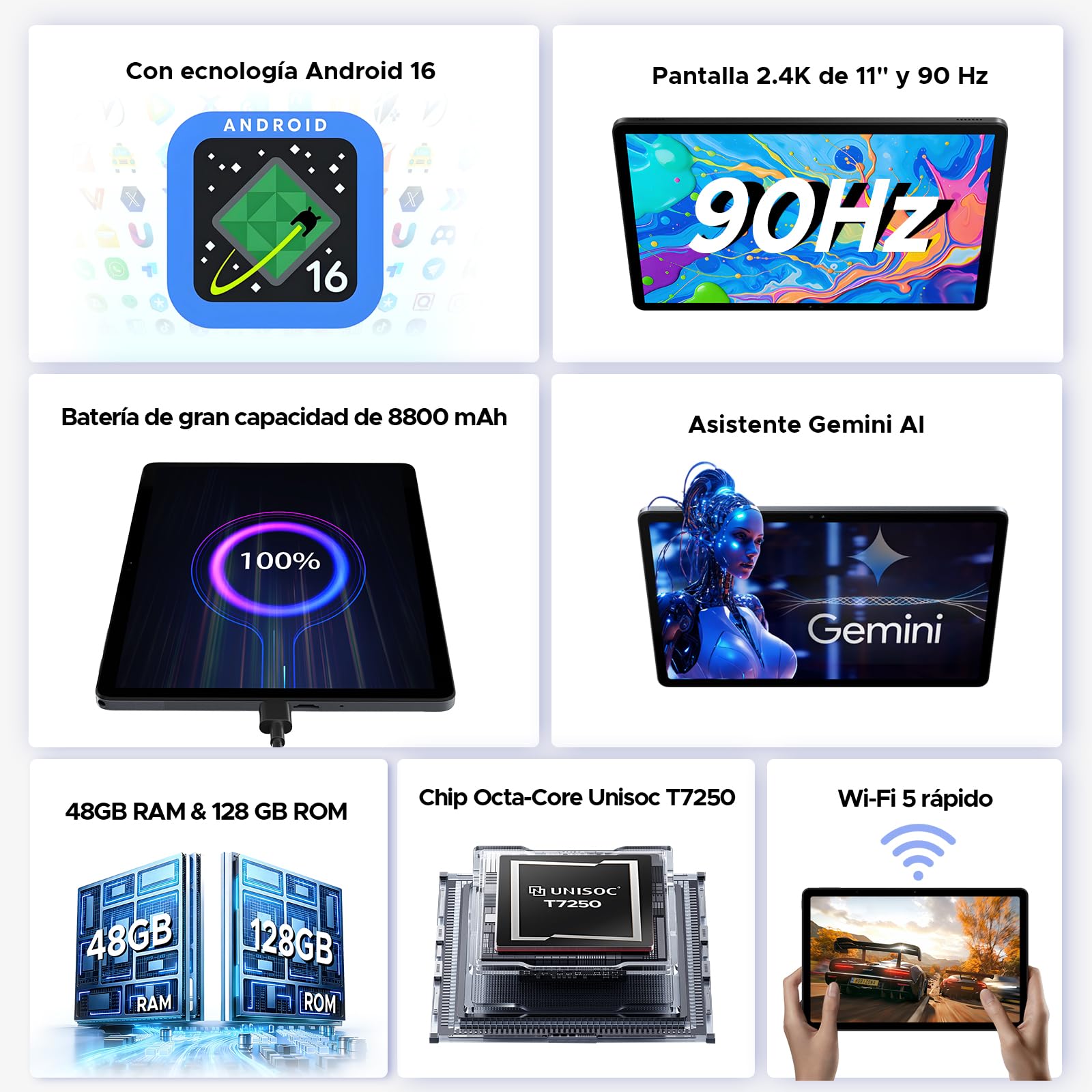 P11 Pro Tablet Android 16 2.4K 90Hz 11 Pulgadas Gemini AI 48GB RAM 128GB ROM T7250 Octa-Core 13MP 5MP 8800mAh 5G WiFi Negro