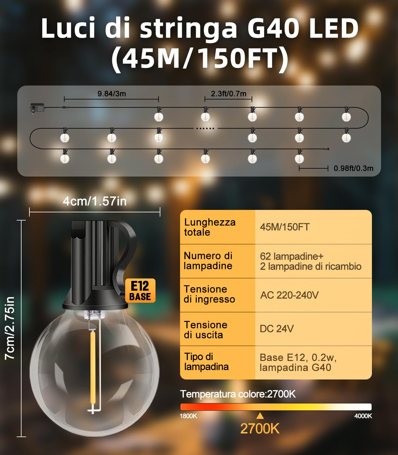 Esterno Luci da Giardino Catena 45m Esterni Giardino Catene G40 Lampadine Gazebo Balcone Lucine Catene Luminose Interno