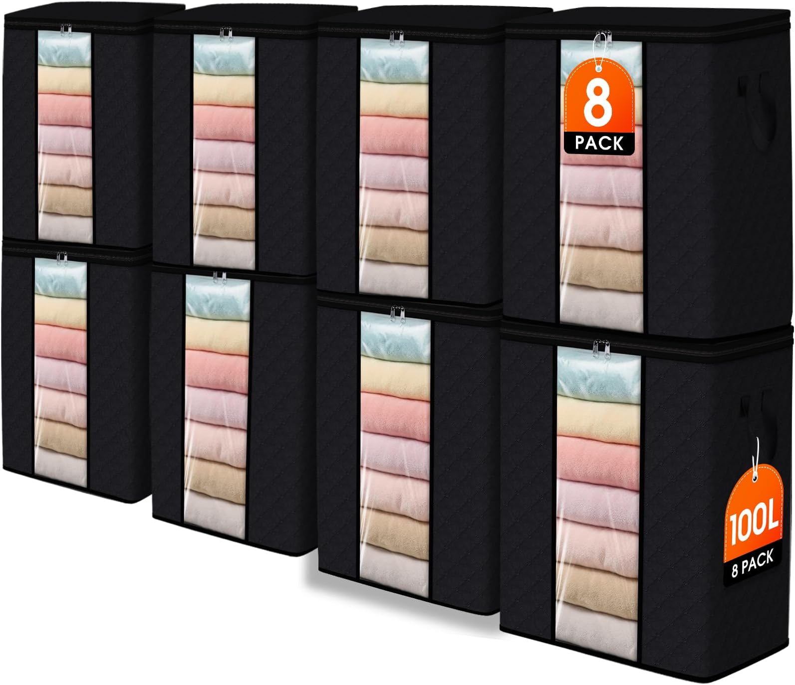 8 Pack 100L Clothes Storage, Foldable Thick Fabric Blanket Storage Bags, Containers for Organizing Bedroom, Closet, Clothing, Comforter,Closet Organization with Handle,Black