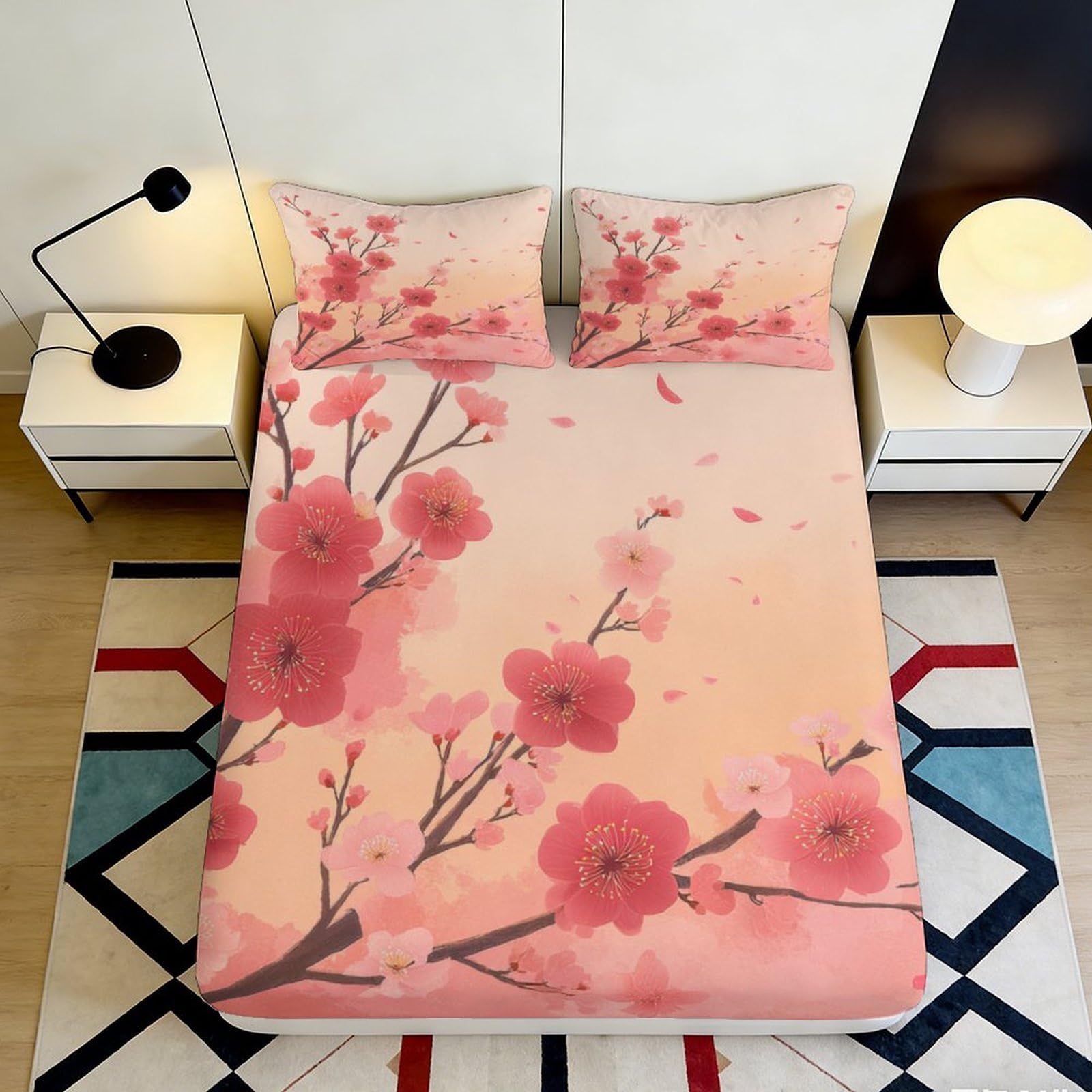 Jqzkxnhpbr Style-1 3D Printed Sakura Blossom Fitted Sheet Microfiber Soft Pink Plum Floral Mattress Cover For Bedroom Decor Protection 90X200x25cm