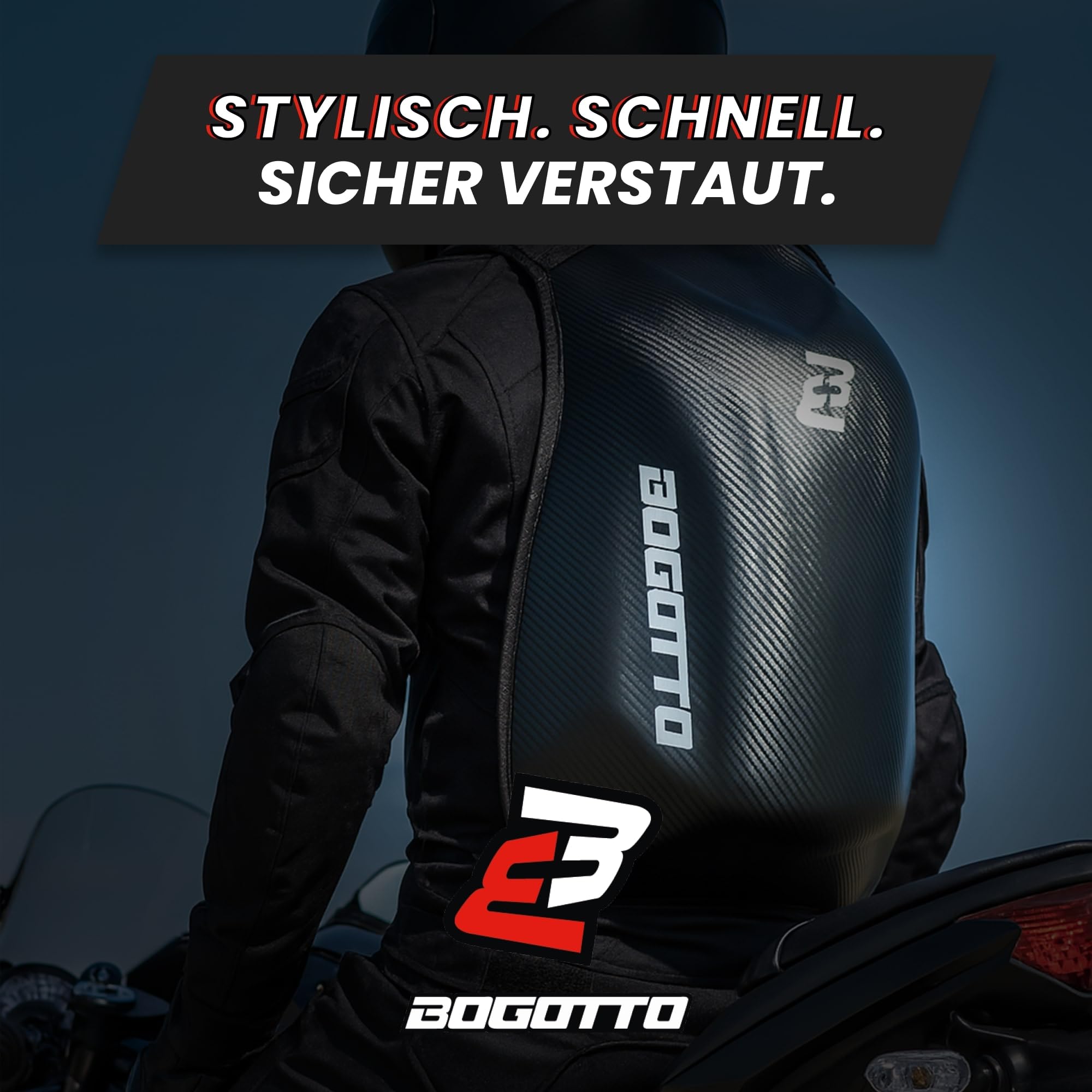 Bogotto Hump Race Carbon Look Motorrad Rucksack mit Hartschalenkonstruktion, Laptopfach 15 Zoll, 24 Liter, Schwarz