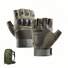 Tactical Half Finger Gloves with Hard Knuckle Protection Army Green Shock Absorbing Anti-Slip Palm Adjustable Wristband Touchscreen Compatible