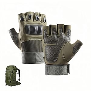 Tactical Half Finger Gloves with Hard Knuckle Protection Army Green Shock Absorbing Anti-Slip Palm Adjustable Wristband Touchscreen Compatible