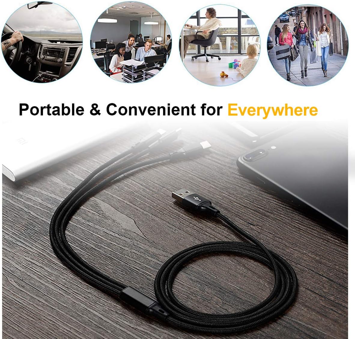 Puxnoin Multi Charging Cable, 2Pack 4FT 4 in 1 Charging Cable for Multiple Devices, Braided Universal Phone Charger Cord with Type-C, Micro USB, IP Port for iPhone16/15/14/Android Phones and More