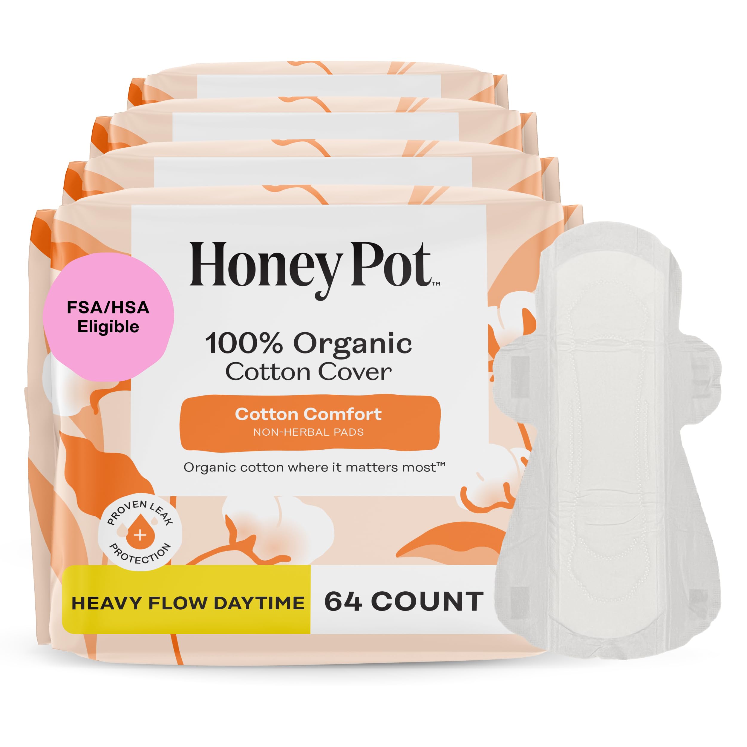 The Honey Pot Company - 64ct - Sanitary Pads for Women - Non-Herbal Heavy Flow Daytime w/Wings - Organic Cotton Cover & Ultra-Absorbent Core - Feminine Care