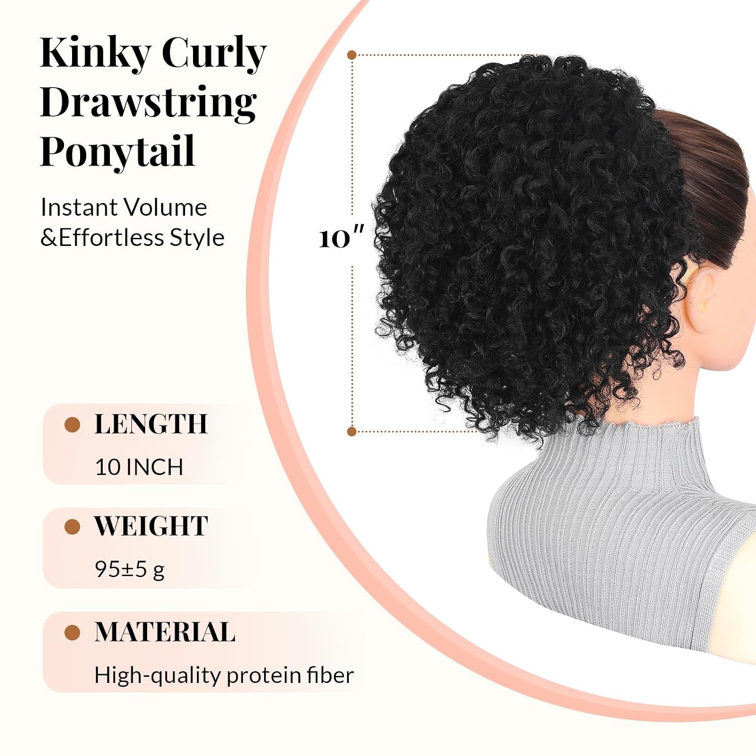 LEEONS Drawstring Ponytail for Black Women, 10 Inch Afro Kinky Curly Updo Hair Piece with 4 Secure Clips, Soft Texture for Daily & Party Wear (1B Natural Black)​