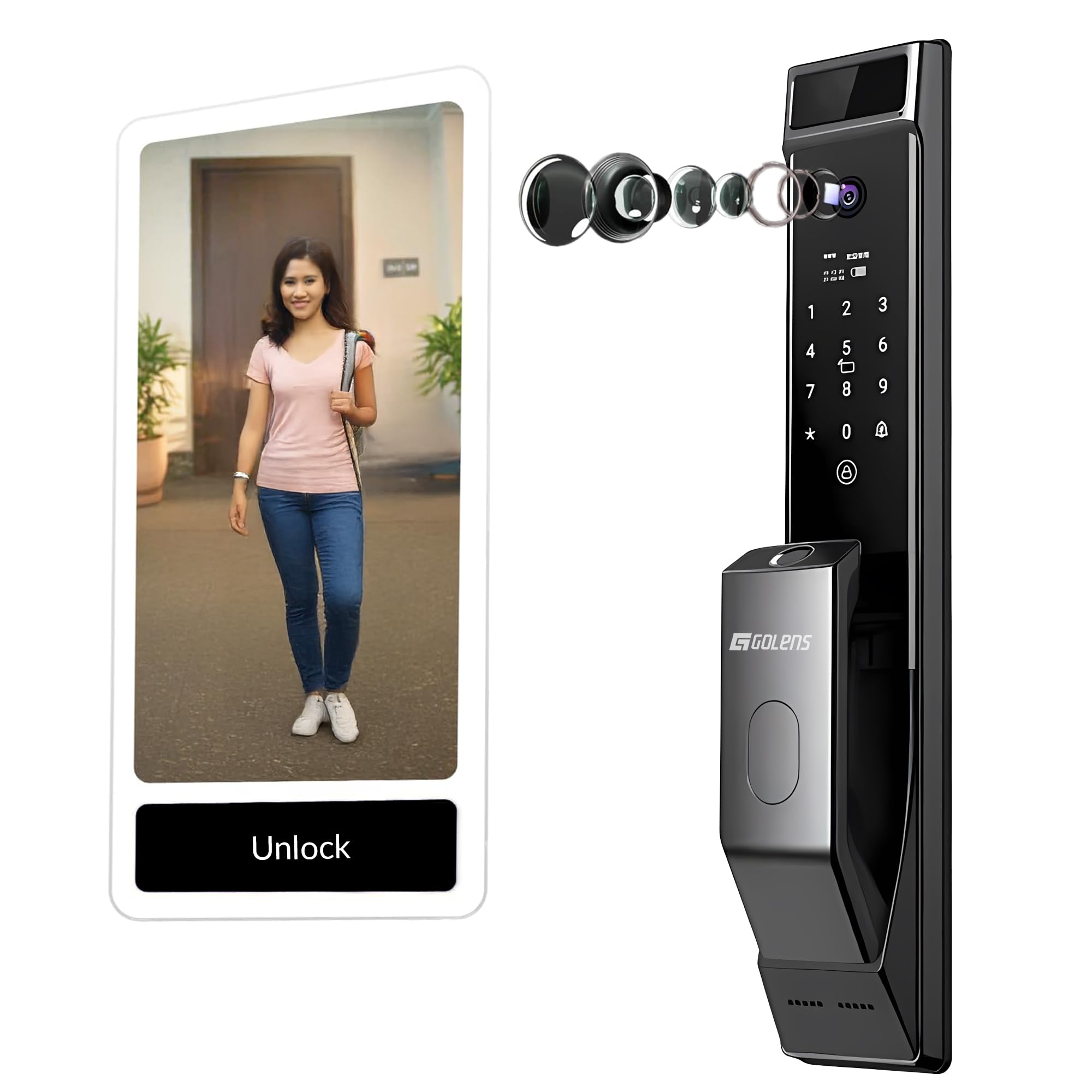 GOLENS X9 Luxury Smart Digital Door Lock | Keyless Entry with Fingerprint, Inbuilt Wi-Fi, PIN Code, IC Card, Mobile App & Mechanical Key | LCD Display with Camera for Home & Office Security