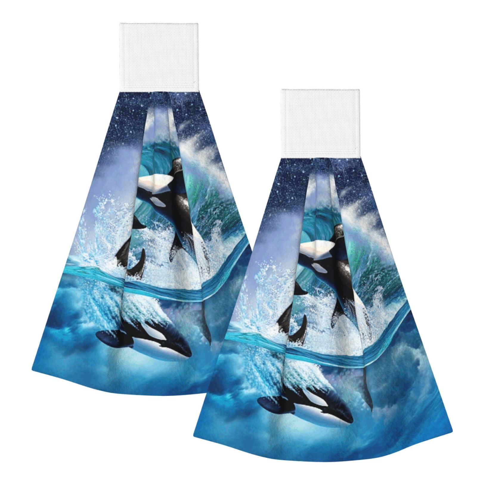 DOPKLNA Orca Killer Whales Wave, 2 Pcs Hanging Coral Fiber Hand Towels for Bathroom, Absorbent Kitchen Towels