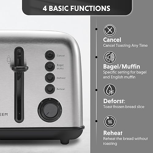 Miniatura 3 de BUYDEEM DT640 Retro 4 Slice Toaster, 7 Shade Settings, Extra Wide 1.5'' Slots, Stainless Steel Toaster with Bagel Muffin Defrost Reheat Function,