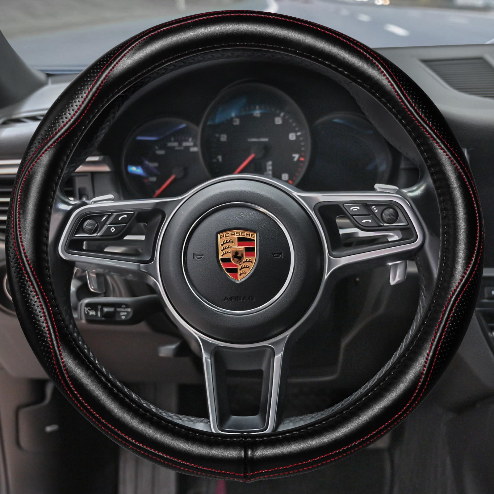 HAOKAY Top Grade Black Genuine Leather Steering Wheel Cover Men Women, Luxury Steering Wheel Cover for Cars, SUVS and Trucks, Universal 14.5-15 inch