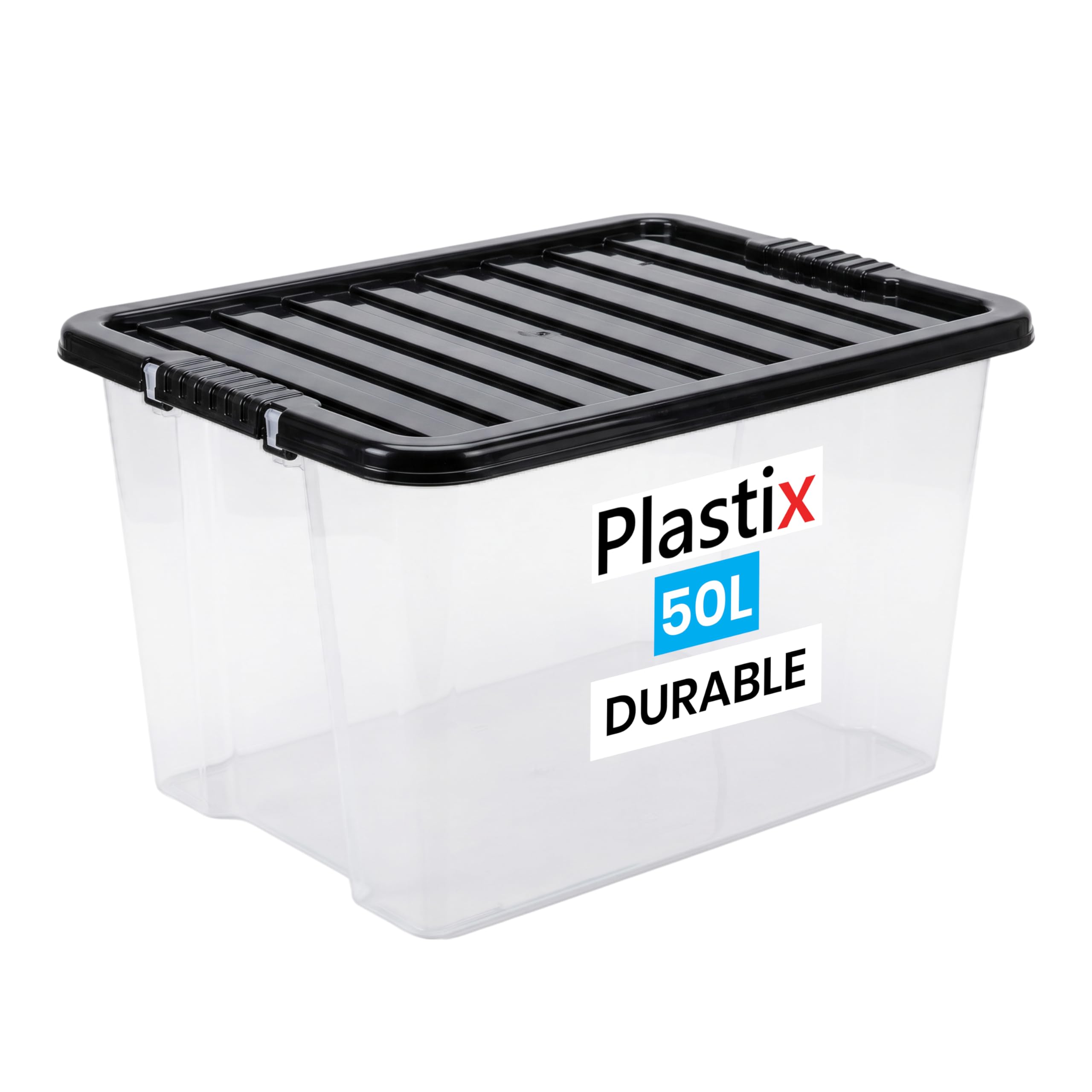 Plastix Clear Plastic Storage Box Boxes With Black Lids Home Office Stackable UK Made (1, 50L)