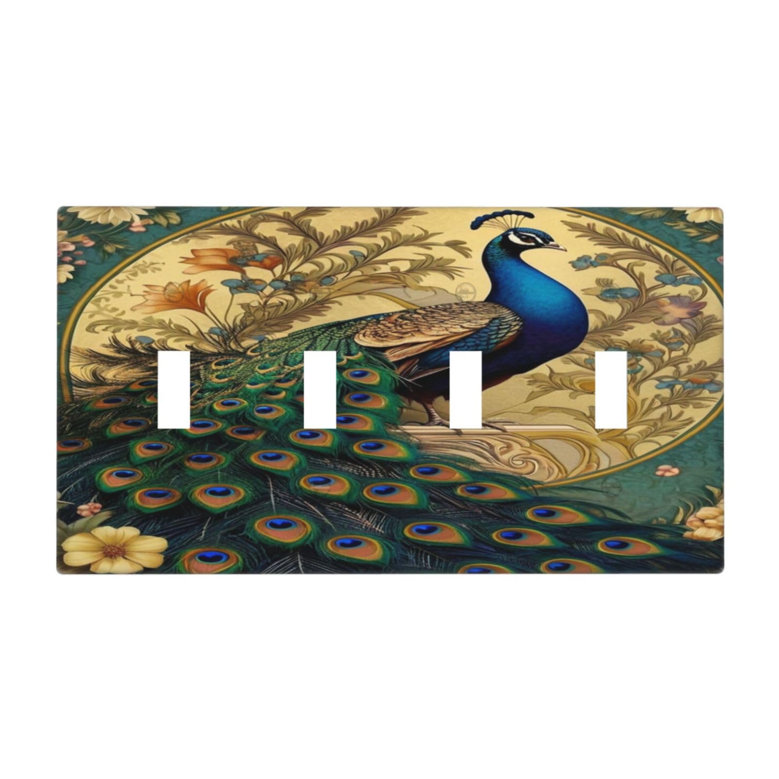 Tewujay Peacock with Flowered Background Light Switch Covers Quad Toggle 4 Gang Wall Plate Decorative Switch plate Electrical Faceplate for Farmhouse