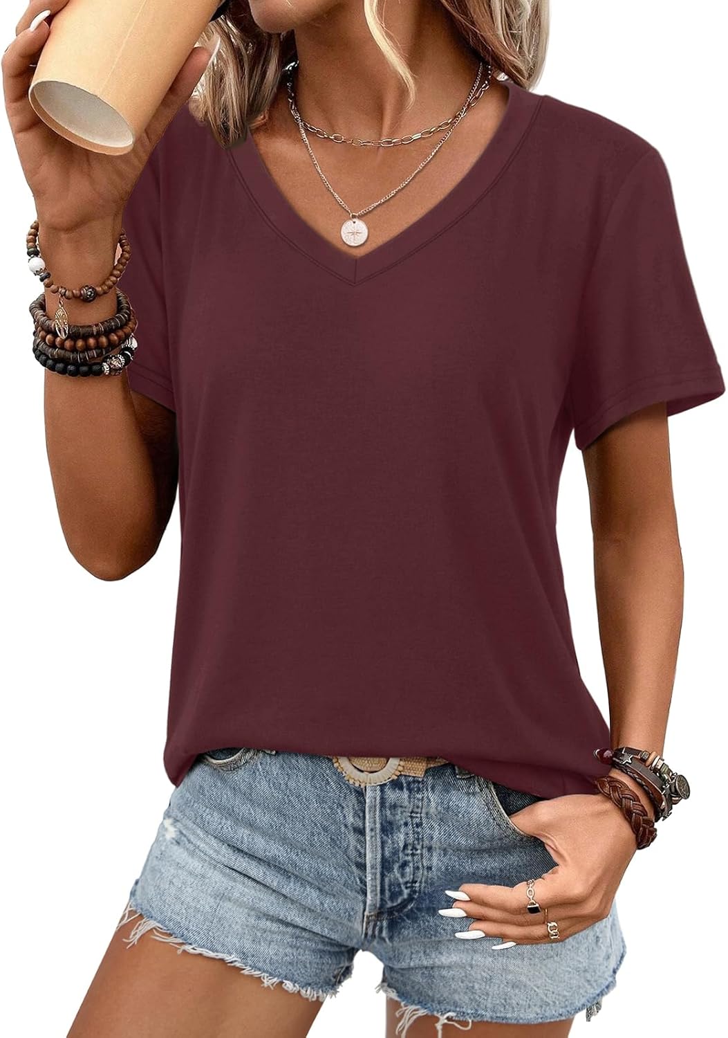 ATHMILE Womens V Neck Short Sleeve Summer T Shirts Curved Hem Plain Top Beach