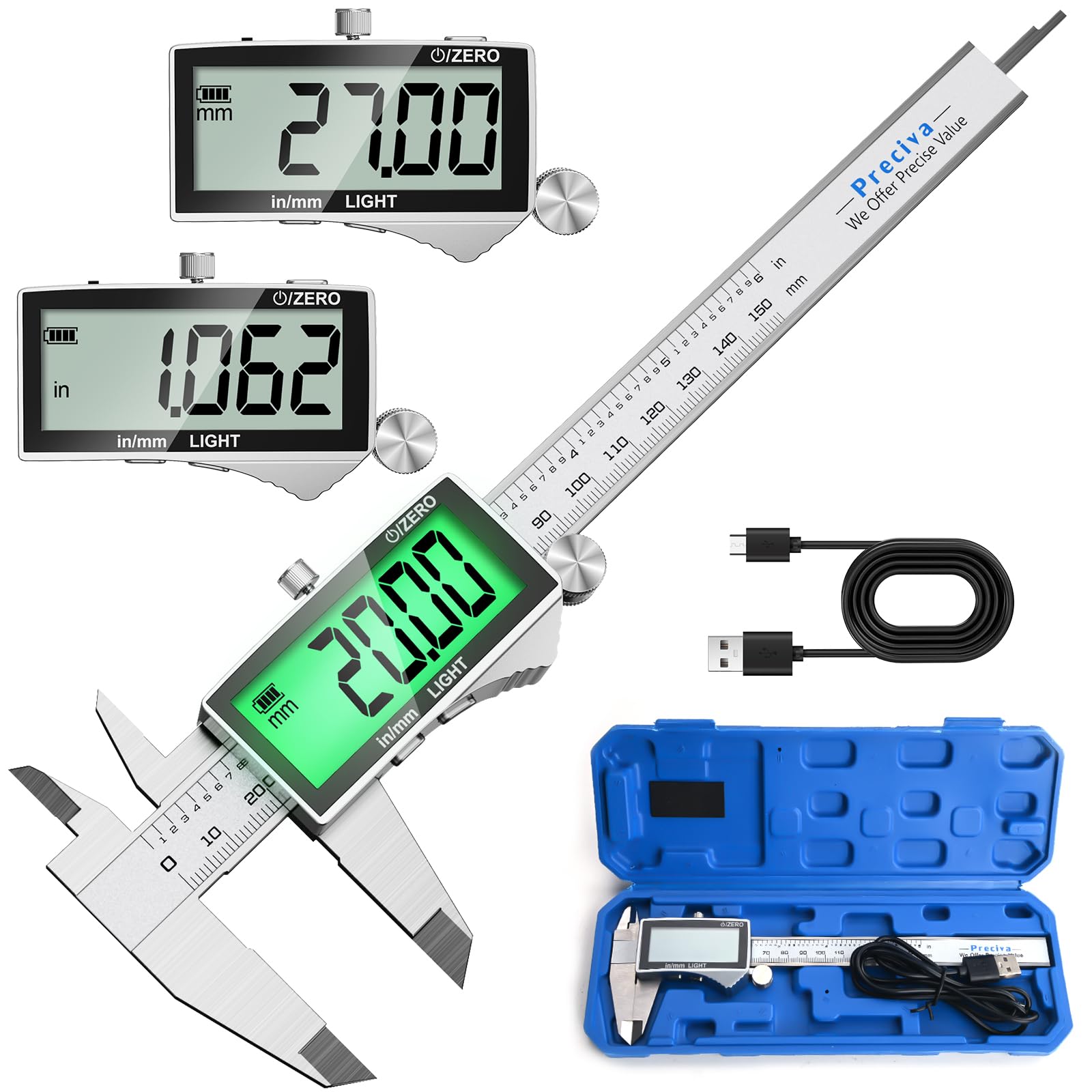 Preciva 150mm Digitaler Messschieber, Digitale Schieblehre Edelstahl Wiederaufladbar IP54 - Wasserdicht Elektronische Schieblehre mit LCD-Display für Industrie, Elektro, Automobil, Bastler