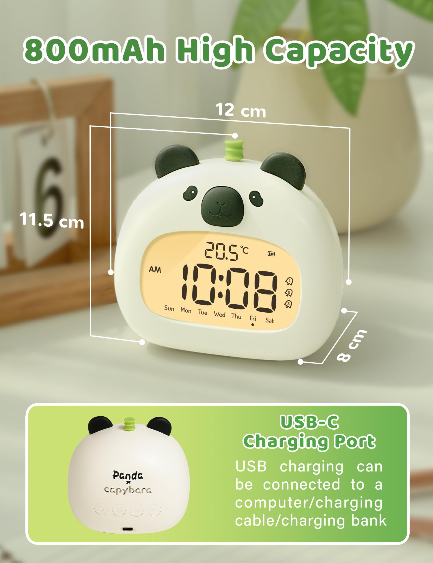 Panda Réveil numérique avec température et date, fonction snooze, 3 réglages d'alarme, éclairage LED jaune chaud, convient pour chambre, table de chevet, études et décoration d'intérieur