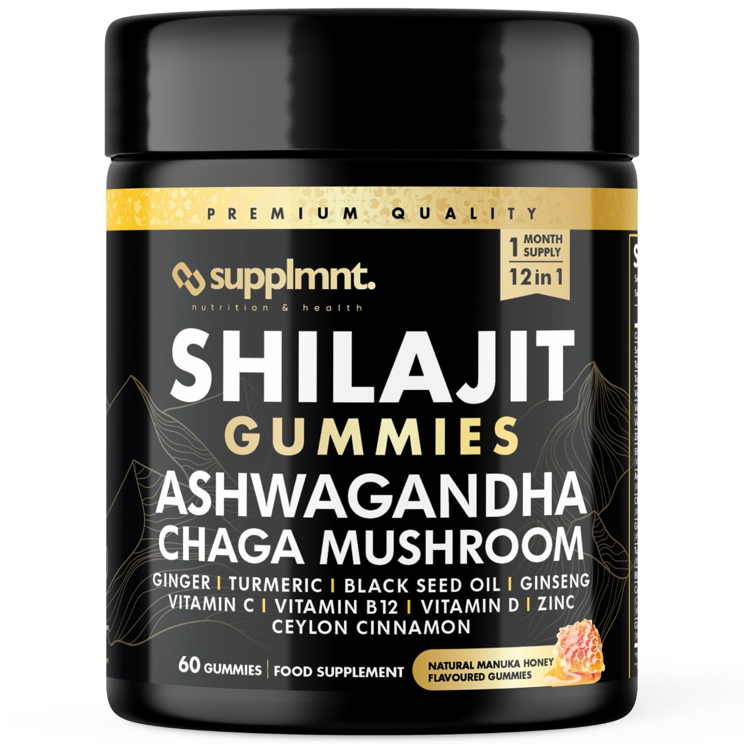 New Reduced Sugar Coating 3000mg of Shilajit Gummies with 1500mg of Ashwagandha, Chaga Mushroom, Ginger, Turmeric, Black Seed Oil, Ginseng, Vitamins C, B12, D, Zinc, Ceylon Cinnamon