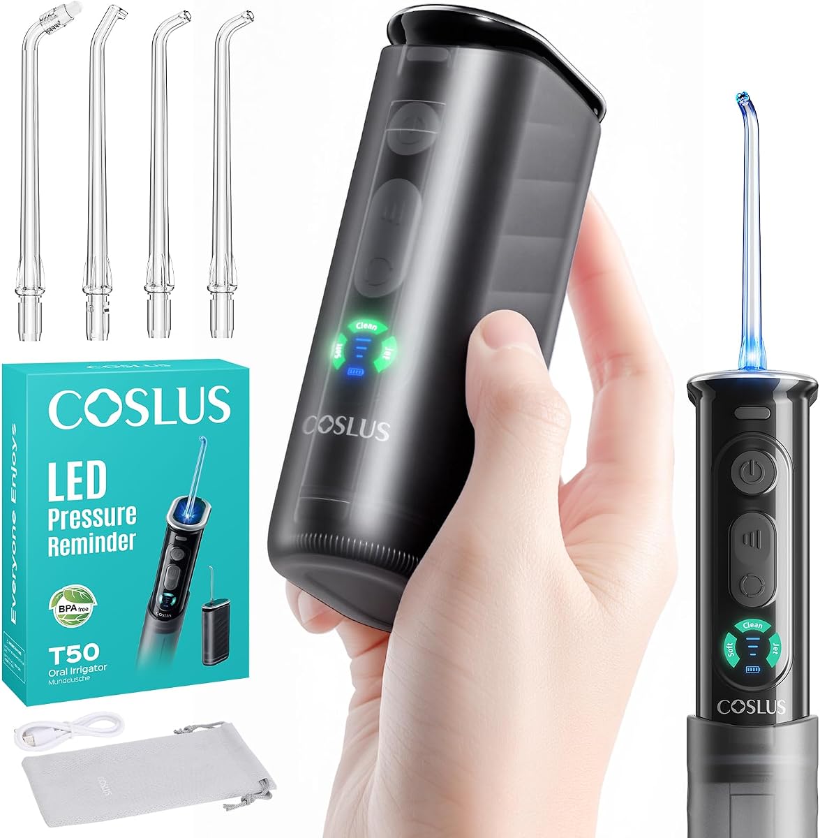 T50 Portable Water Dental Flosser for Travel with Screen Display | Mini Cordless Pick with Pressure Indicator Light, 9-Level for Braces, Gum Care, Rechargeable On-the-Go, 240ml, IPX7, Black