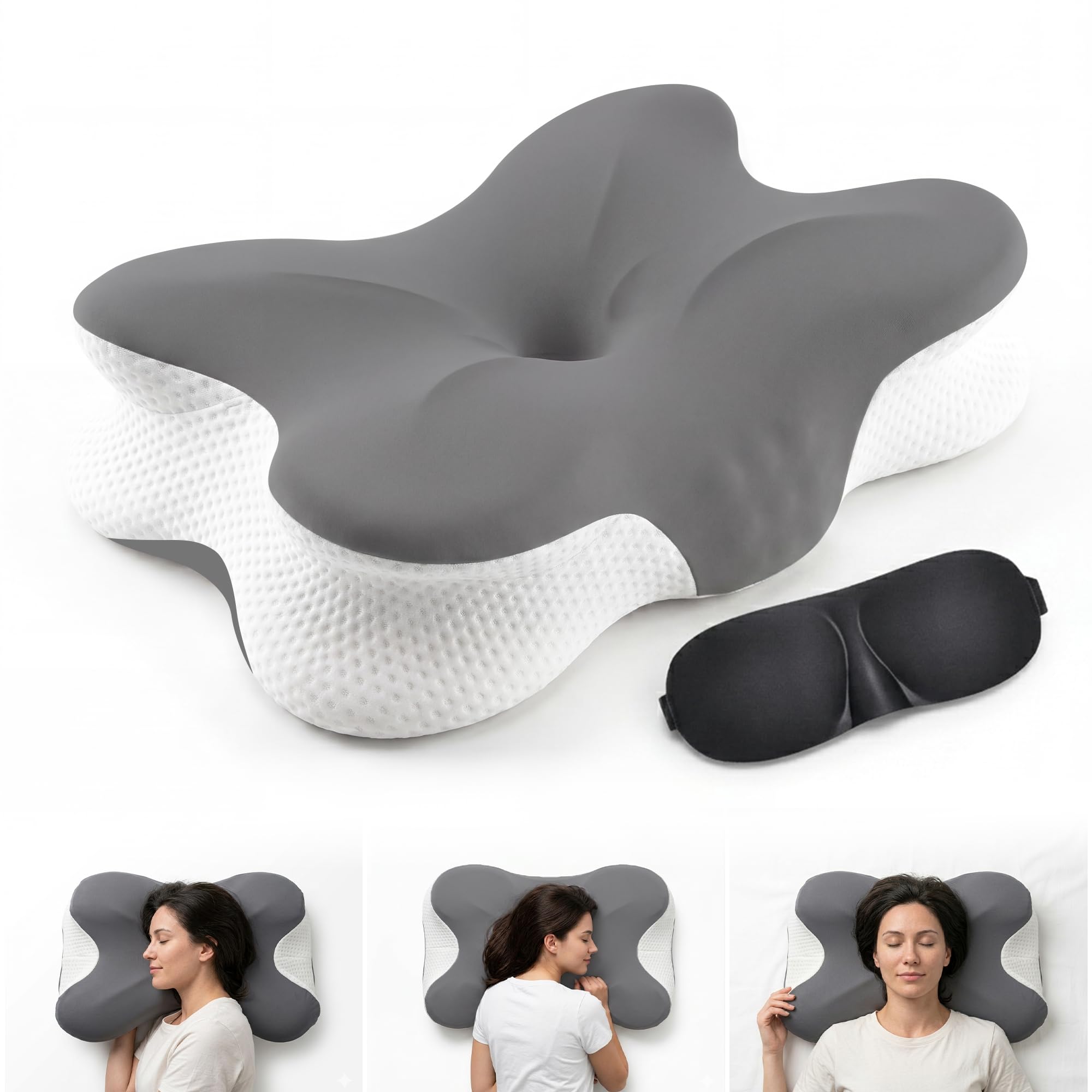Cervical Memory Foam Neck Pillow Ergonomic for Neck and Shoulder pain support, ideal for Back,Side and Stomach sleeper 2-Height Cooling | Eye Mask