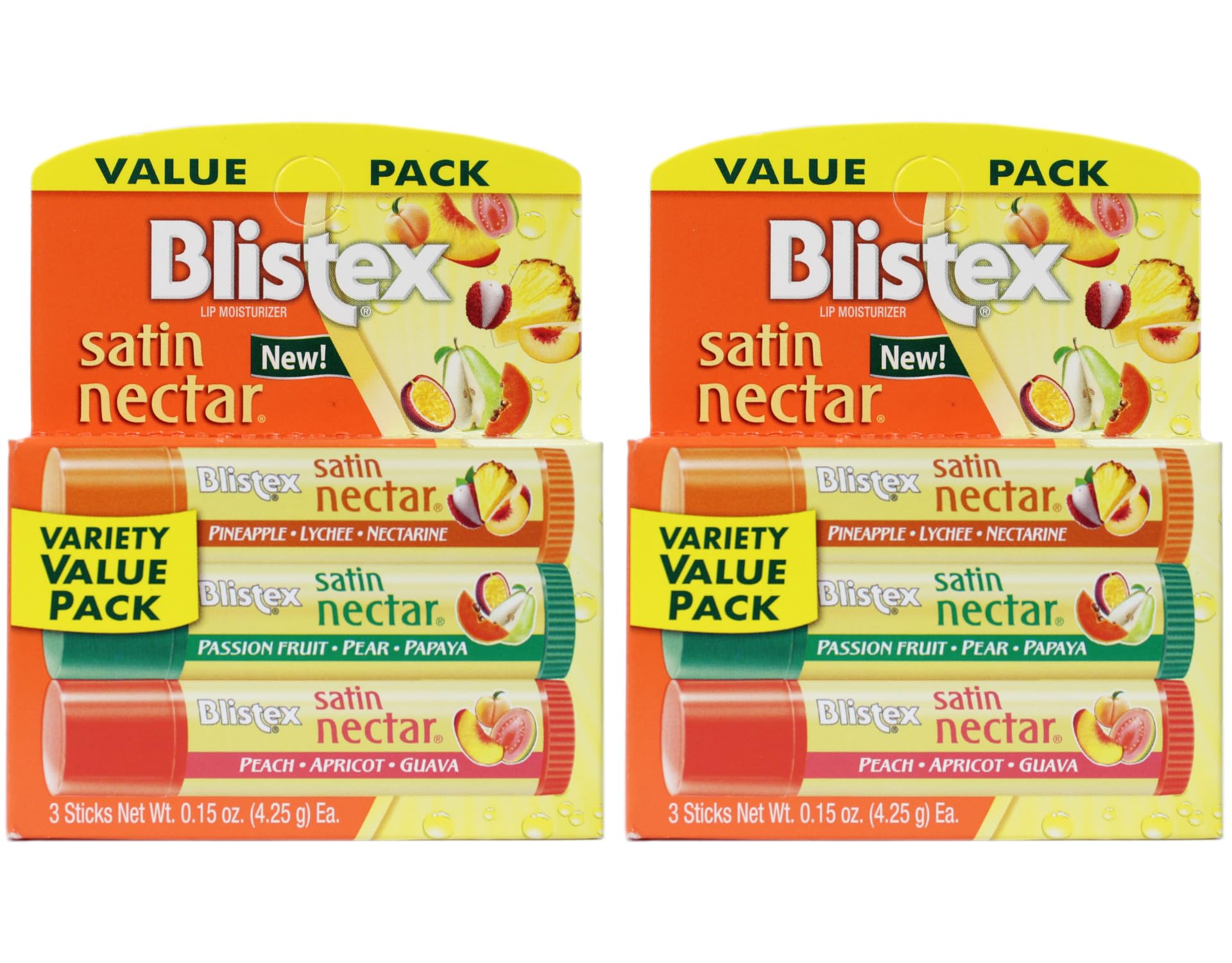 Blistex Lip Moisturizer Satin Nectar Variety Pack, Each Stick with 3 Flavors: Pineapple Lychee Nectarine, Passion Fruit Pear Papaya, and Peach Apricot Guava, 0.15 oz Each (Pack of 2)