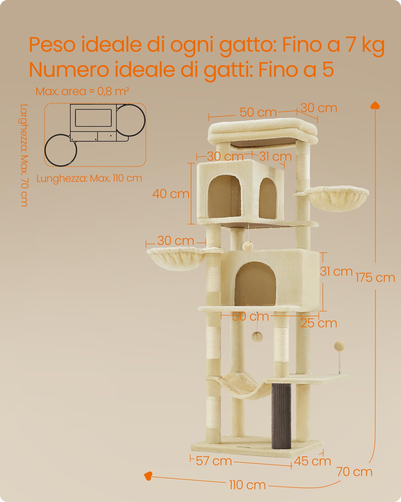 Feandrea Albero per Gatti Grande, Torre Tiragraffi Alto 175 cm, Multilivelli con 2 Grotte, 2 Cestini, 5 Graffiatoi, Autospazzola, Trespolo, Amaca, Beige Sabbia PCT182Y01
