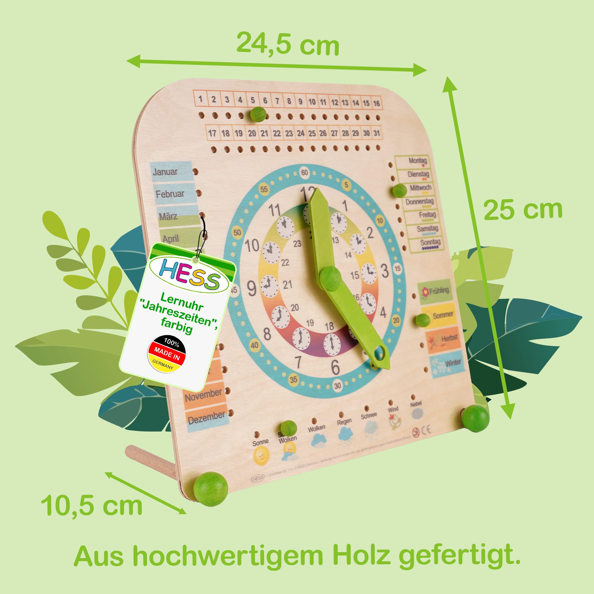 HESS Since 1990 - Lernuhr für Kinder mit Kalender, aus Holz, 25cm x 25cm, aus dem Erzgebirge