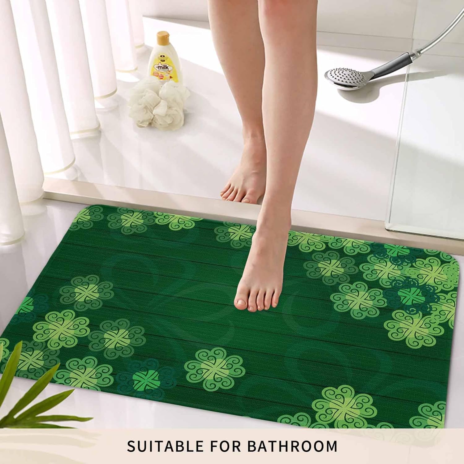 St. Patrick's Day Door Mat Green Shamrock Welcome Mat Non Slip Rubber Clover Wood Grain Entryway Front Rug Floor Mat for Indoor Outdoor Kitchen Spring Holiday Home Decor 16x24 Inch