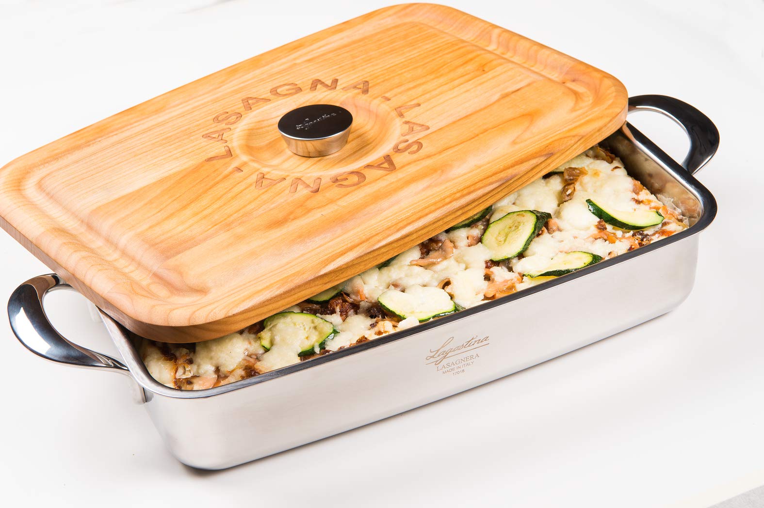 Lagostina Patrimonio Lasagnera per Forno con Coperchio di Legno di Ciliegio, Acciaio Inox e Legno, 22x35 cm