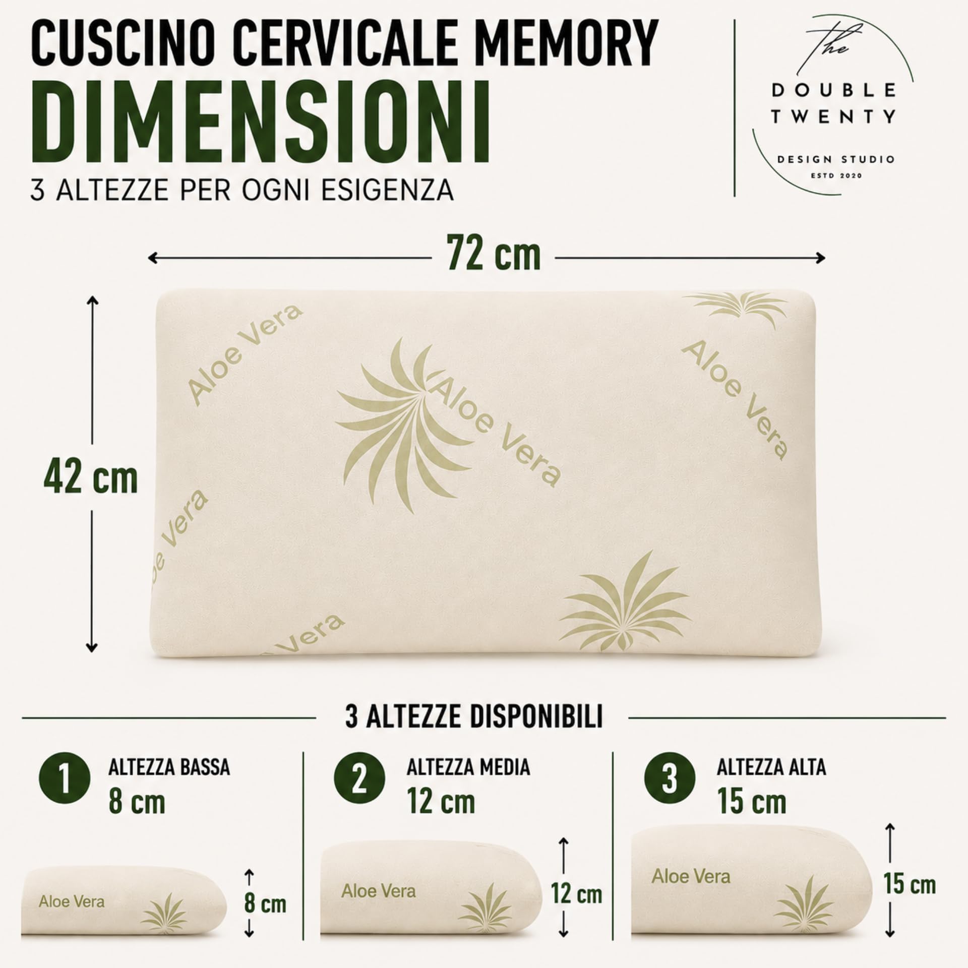 Double Twenty - Almohada cervical viscoelástica, altura 12 cm, 72 x 42 cm – Funda de Aloe Vera transpirable – Ergonómico Masajeador desenfundable antiácaros – Fabricado en Italia