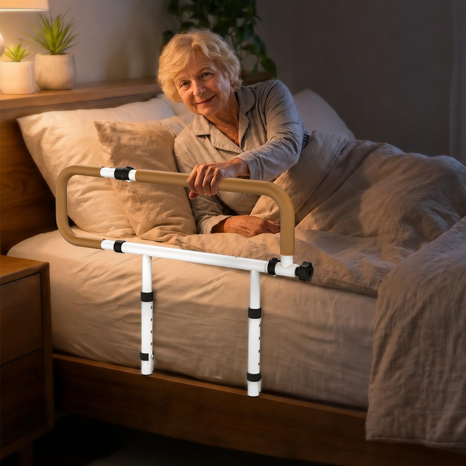 Aufstehhilfe Bett, Bettgitter für Senioren, klappbar, leicht montierbar | Stabiles Stahlgestell, Doppelfixierung mit Gurt und Schrauben, höhen- und breitenverstellbar, Tasche, bis 136 kg belastbar