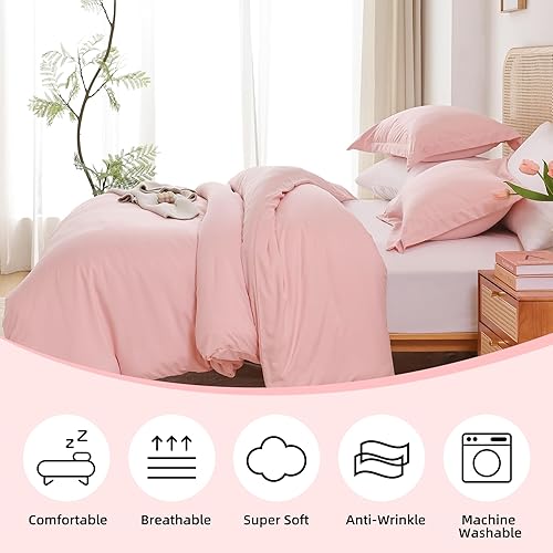 Miniatura 4 de Whitney Home Textile Juego de funda de edredón rosa rosa tamaño individual, 2 piezas, funda de edredón de lujo suave y refrescante con cierre de