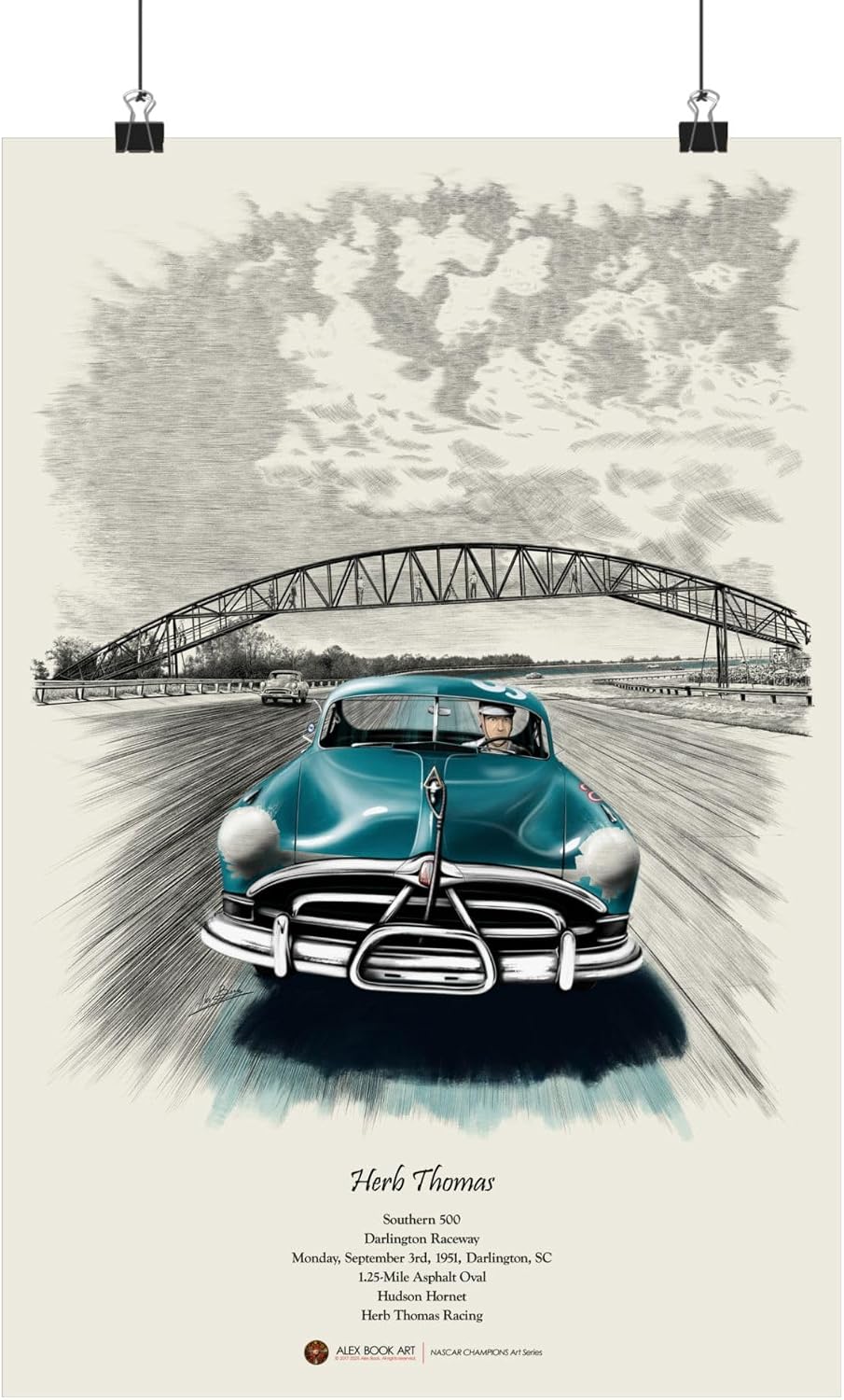 1951 NASCAR Champions Vintage Poster | Herb Thomas Hudson Hornet Ink & Watercolor Wall Art | Darlington Southern 500 Art Print | Best Home, Office, Garage Décor Gift for Race Fans