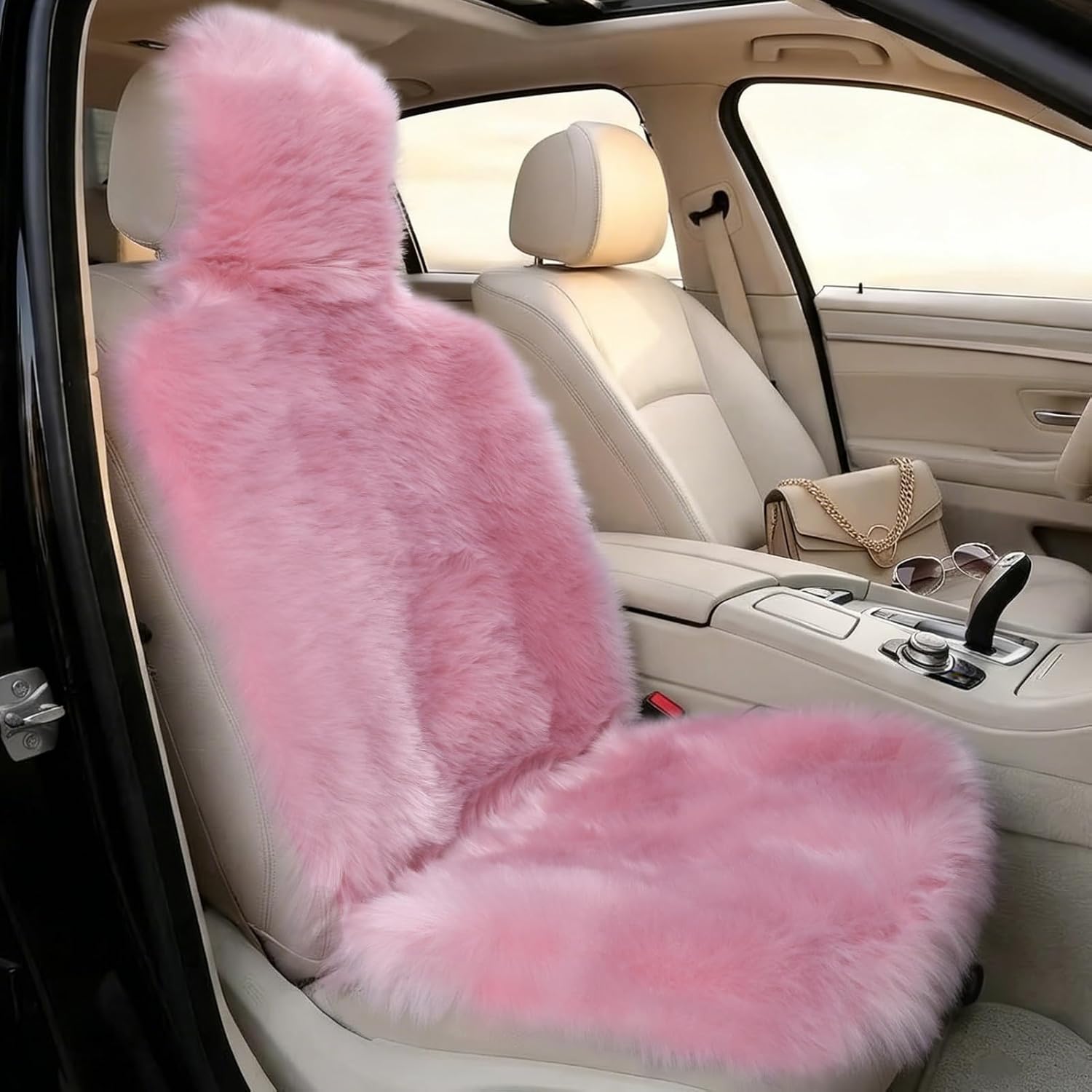 Faux Sheepskin Car Seat Cover-Fluffy Fuzzy Soft Auto Seat Cushion for Automotive Universal Fits Most Car SUV Truck Minivan, Women 1pc (Rose Pink)