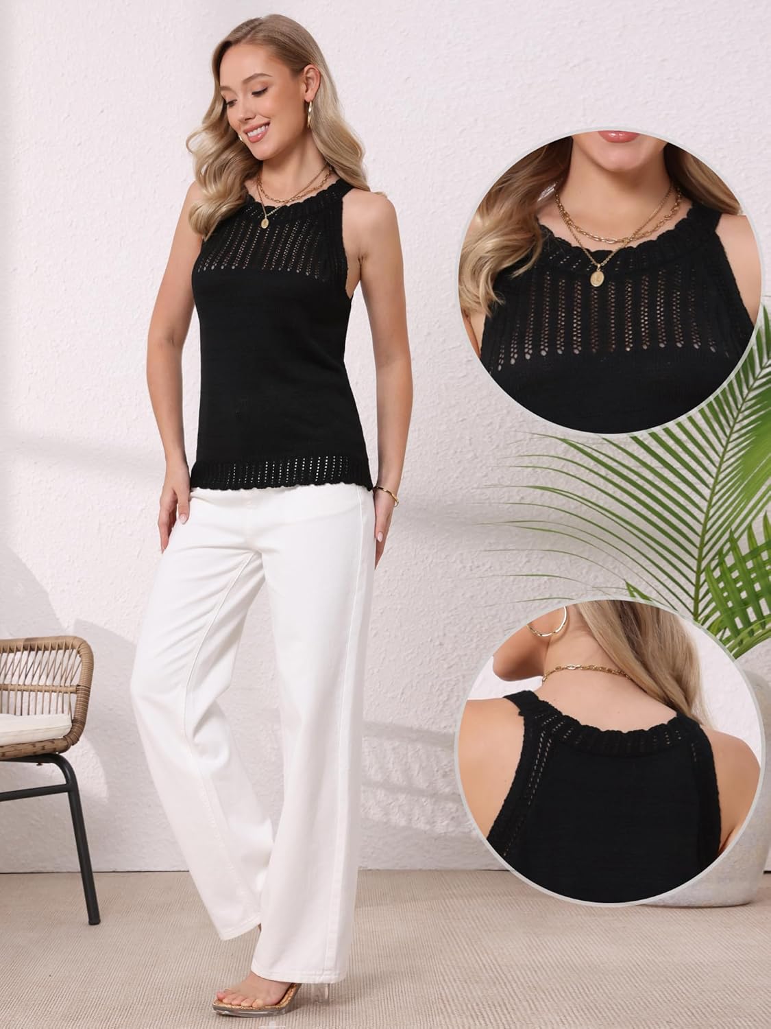 Allegra K Crochet Knit Tops for Women's Summer Casual Crew Neck Sleeveless Sweater Vest Beach Top - Image 4