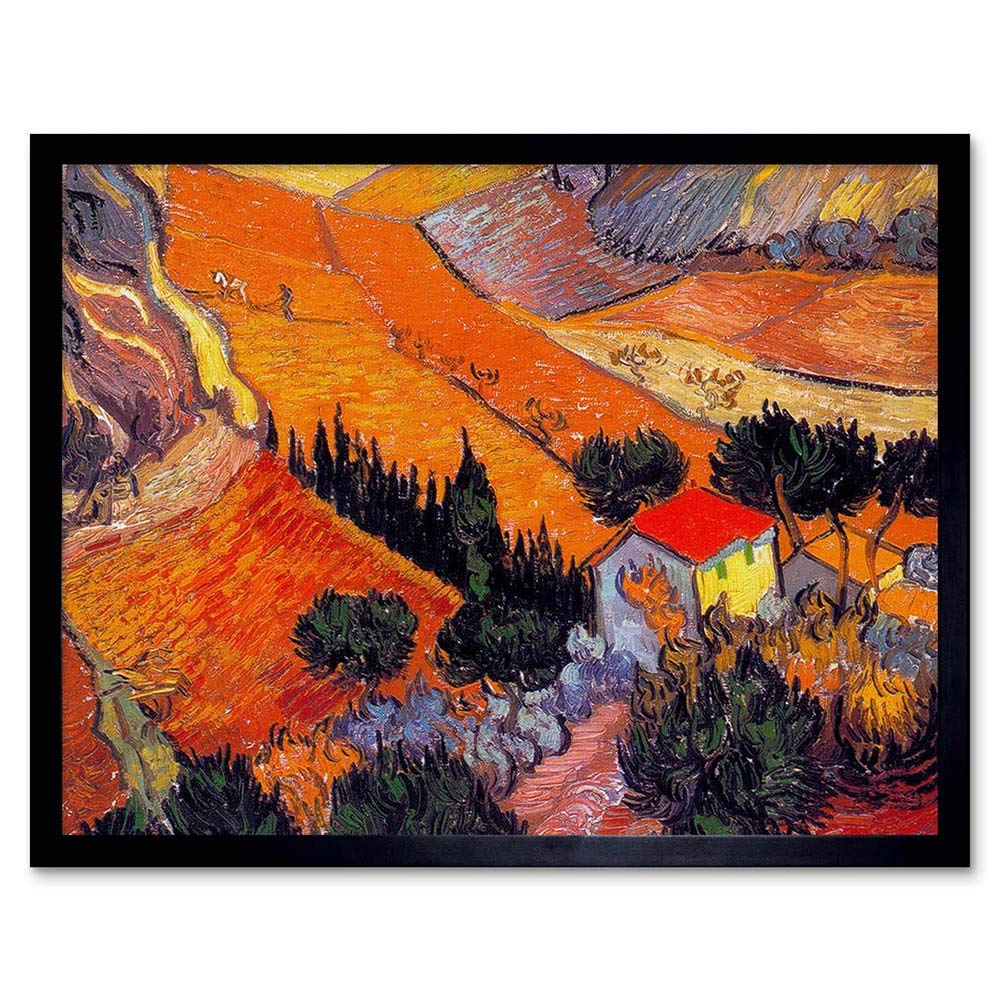 Wee Blue Coo Vincent Van Gogh Landscape With House Ploughman 1889 Painting Art Print Framed Poster Wall Decor 12X16 Inch