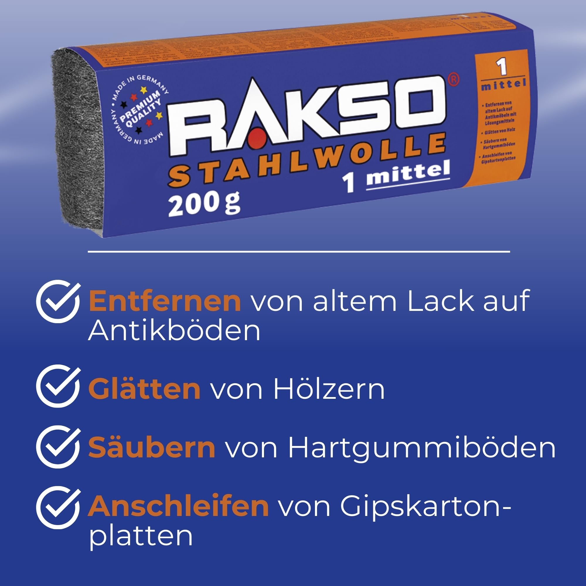 RAKSO Stahlwolle mittel 1-4,8 kg, 24 Banderolen à 200g, glättet Holzoberflächen, entfernt alten Lack v. Antikmöbeln, säubert Hartgummiböden