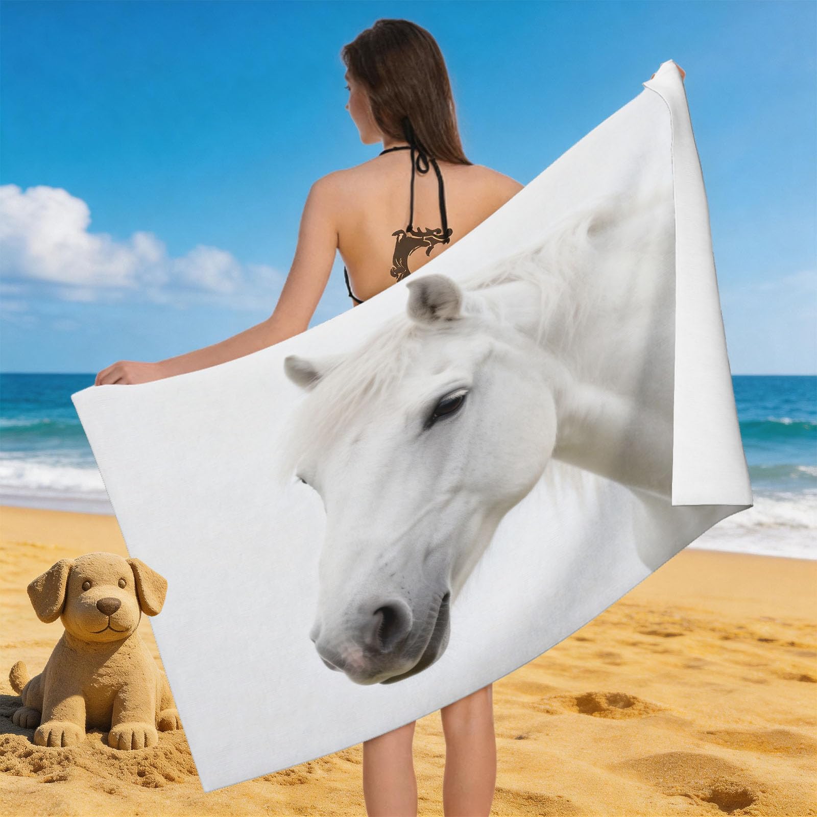 Leichong 3D White Steed Beach Towel Microfiber Soft Quick Dry for Adults, Minimalistic Bath Towel Lightweight Soft Absorbent for Travel Swimming Pool Sports, 75 x 150 cm