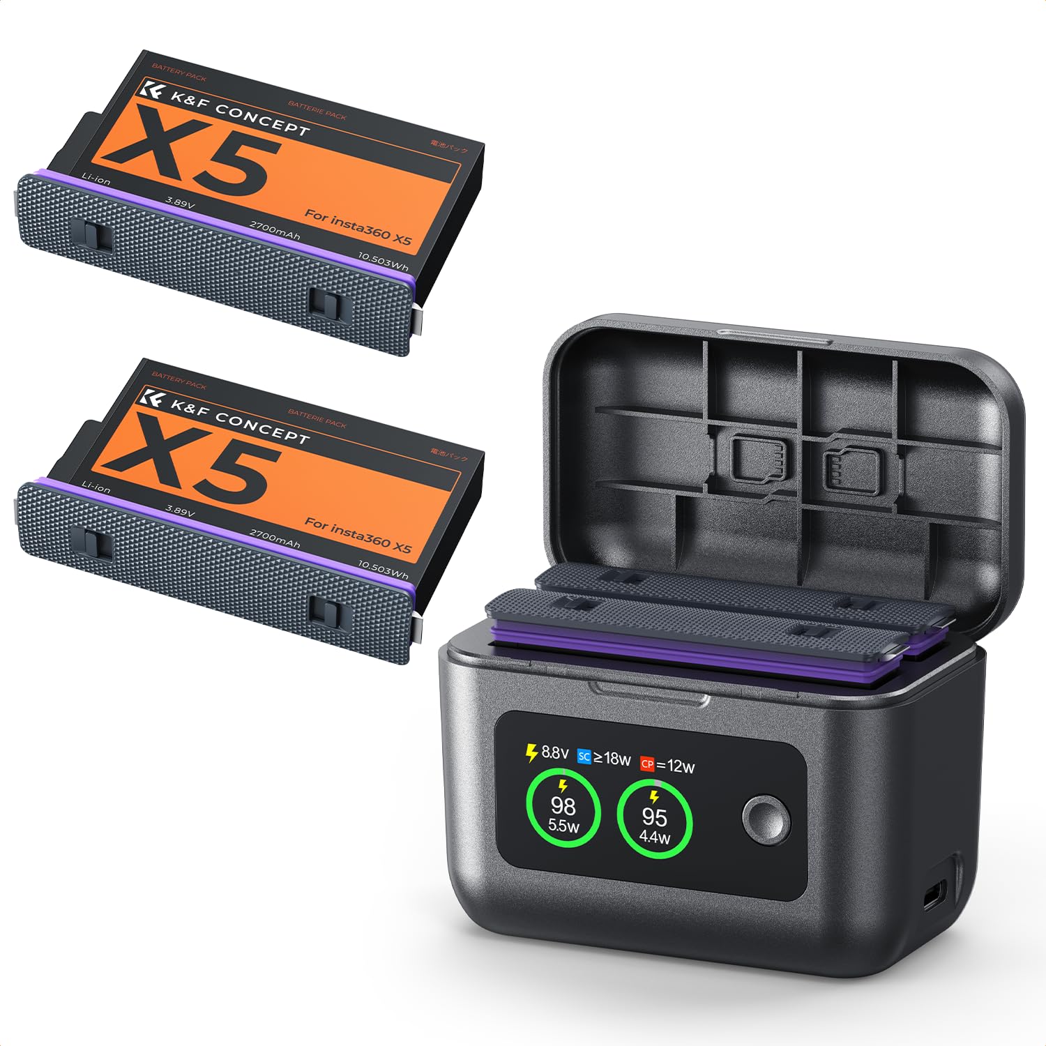 K&F CONCEPT Insta360 X5 Batería y Cargador Rápido de 20W, 2 Baterías 2700mAh y Estuche Cargador Inteligente con LCD, Compatible con Insta360 X5