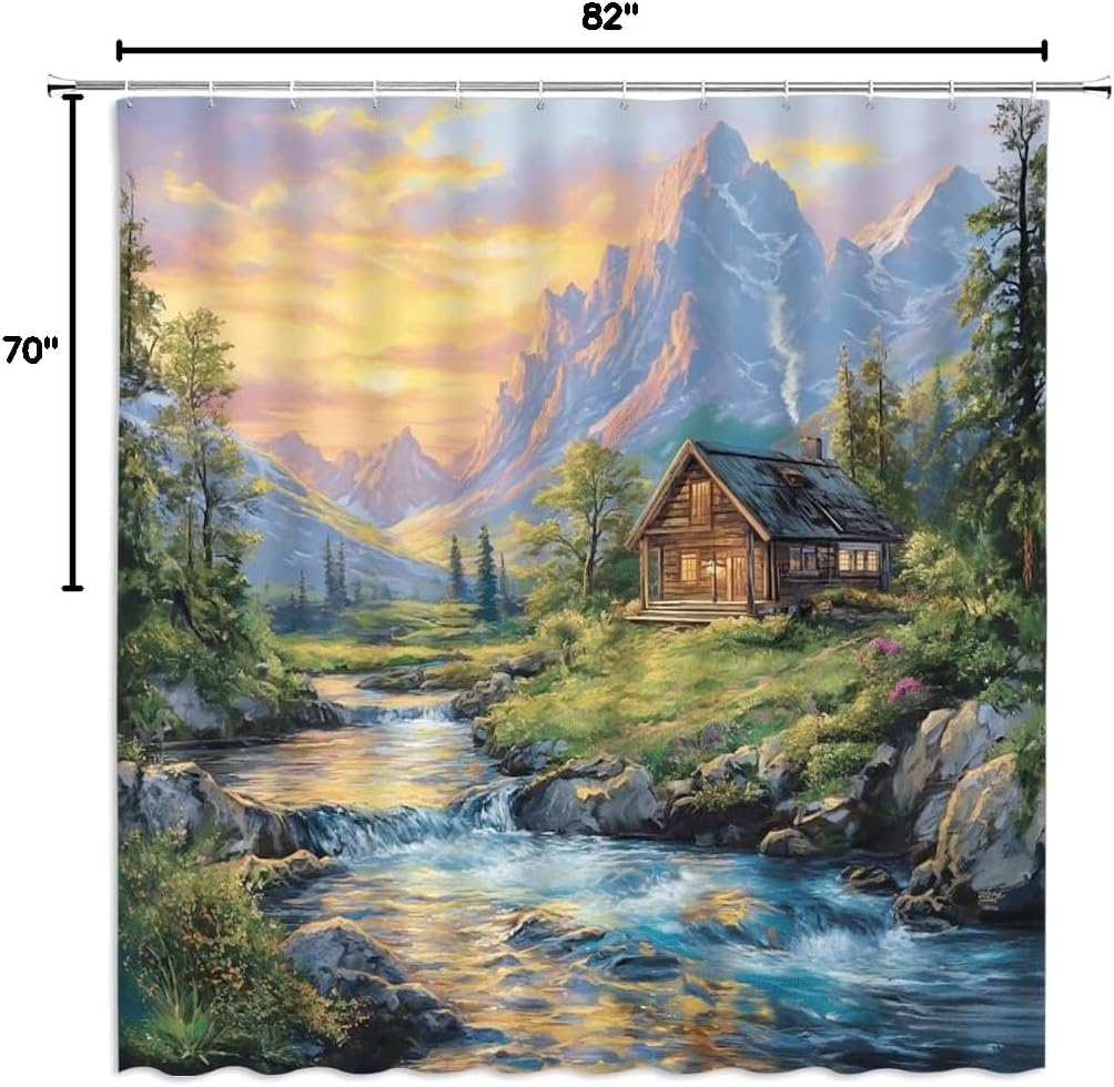 Rustic Cabin Shower Curtain Forest Mountain Sunset Waterfall Floral Natural Scenery Country Lake House Lodge Landscape Fabric Bathroom Decor Curtains with Hooks,70 x 82