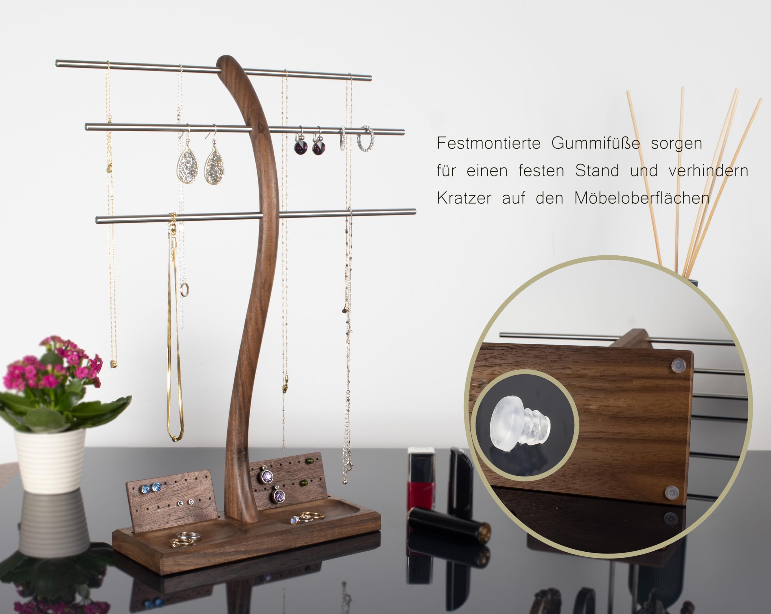 Wood-and-Steel-Design Schmuckhalter aus Nussbaumholz, 3 Ebenen