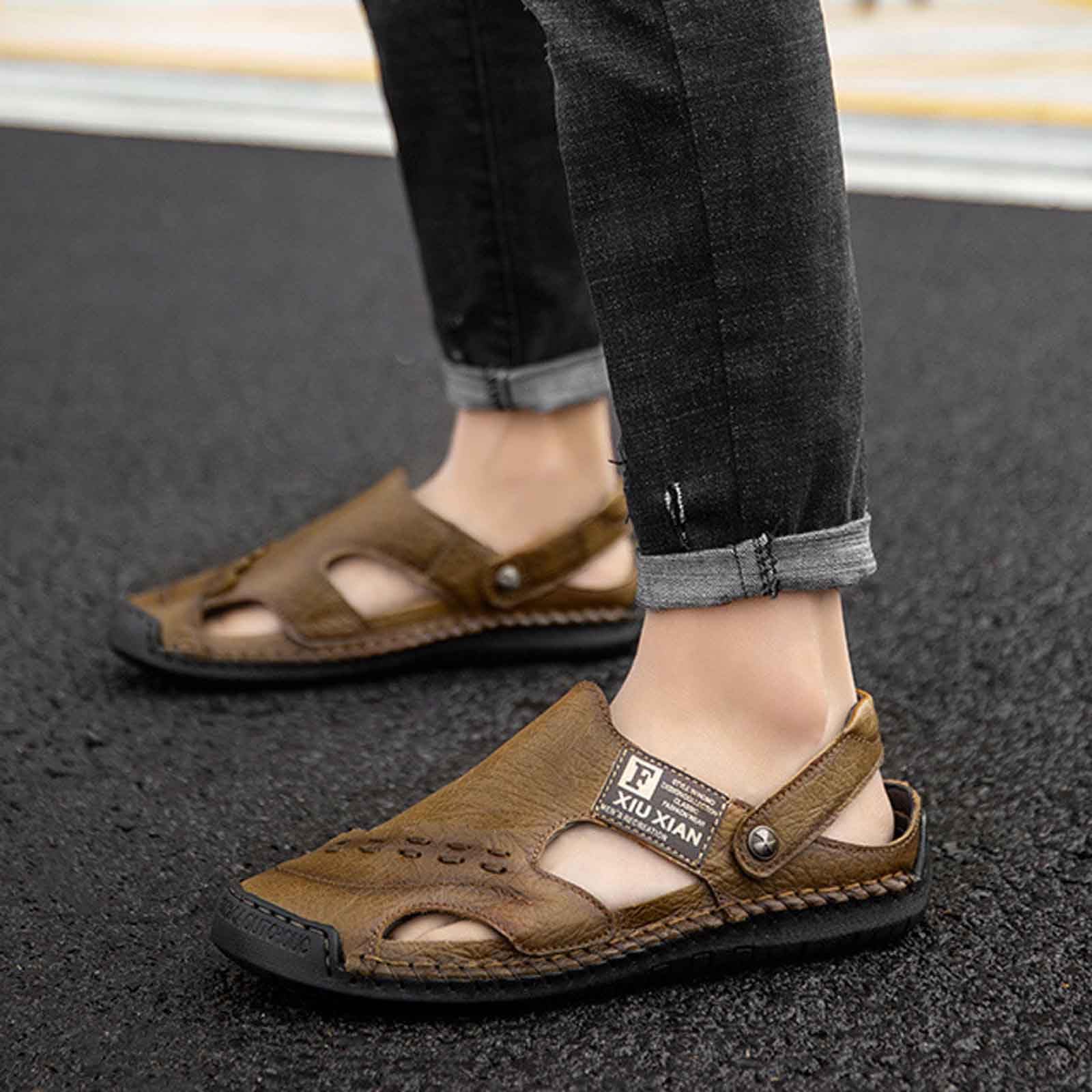 Sandalias Hombre Suela de Goma Cuero con Bandas Ajustables Chanclas Casual Deportivas Punta Cerrada Zapatillas Amortiguado Soporte de Arco Reforzada para Playa Verano Piscina
