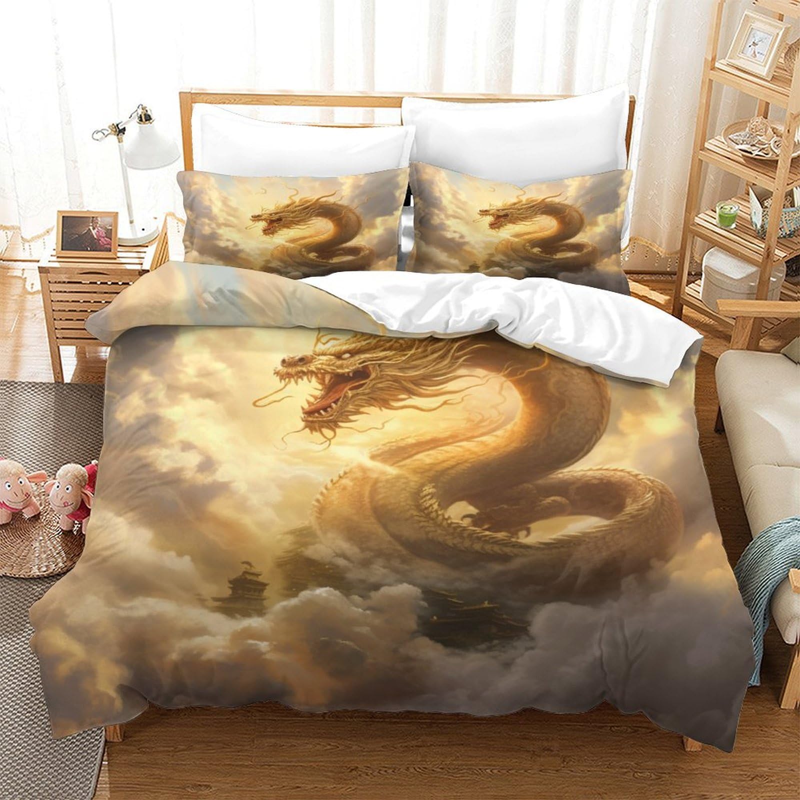 Stampato in 3D Loong cinese Copertina Stampata Microfibra Disegnata Biancheria Da Letto Ipoallergenico Set 3 Pezzi,Double（200x200cm）, Per Ragazzi Adulti