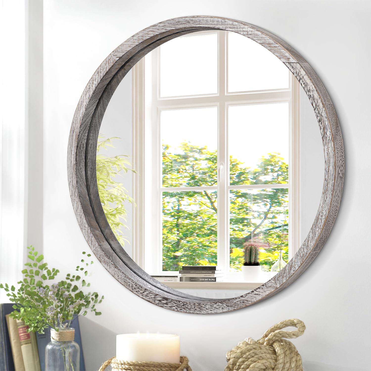 JJUUYOU Circular Wall Mirror Round Mirror for Bathroom, Rustic Brown Vanity Mirror Small Decor Circle for Wall Wood Frame Make up Mirror for Farmhouse Living Room, Bedroom, Dorm Decorative
